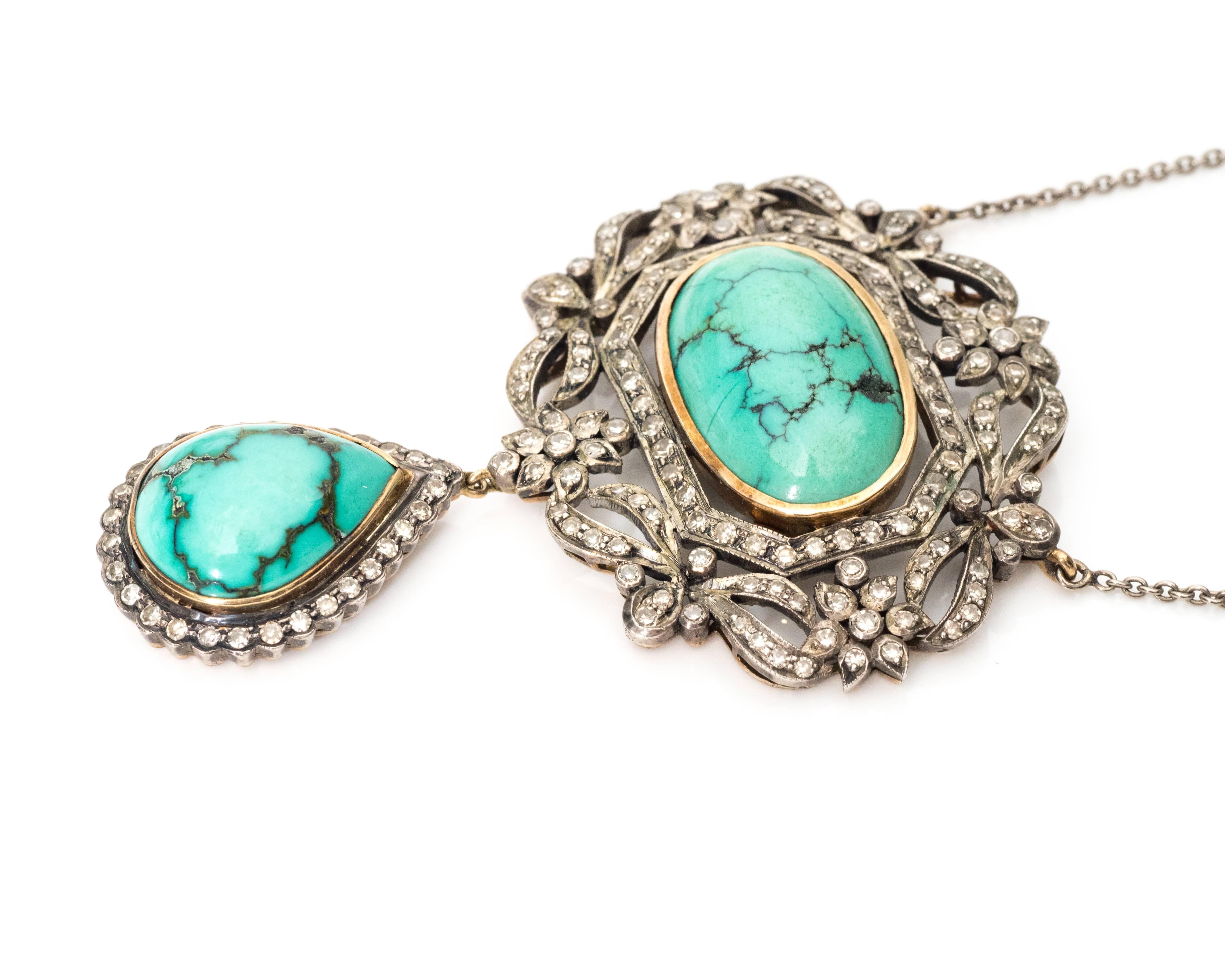 1800s Victorian Diamond, Turquoise and 18 Karat Gold Necklace features .70 carats total weight of Diamonds, 12 carats total weight of Turquoise and 18 Karat Yellow and White Gold. Necklace length is 10 inches. 

Beautiful Turquoise in the center and