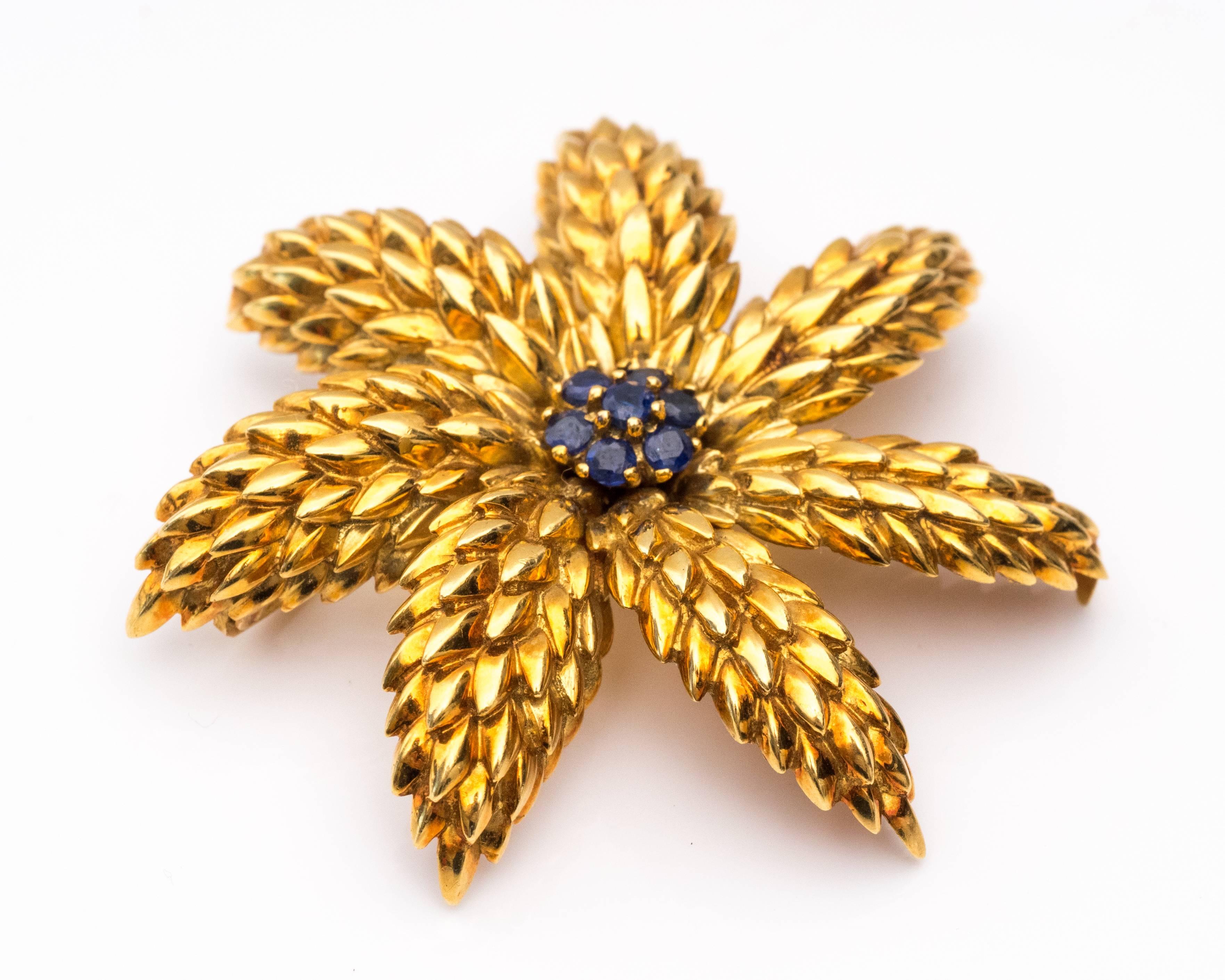 1950s Retro Tiffany and Co. Brooch - 18K Yellow Gold, Blue Sapphires 

The textured petals have a lovely patina. 7 Blue Sapphires form the flower center. 

This brooch exemplifies Jean Schlumberger's flair for lively designs inspired by nature.