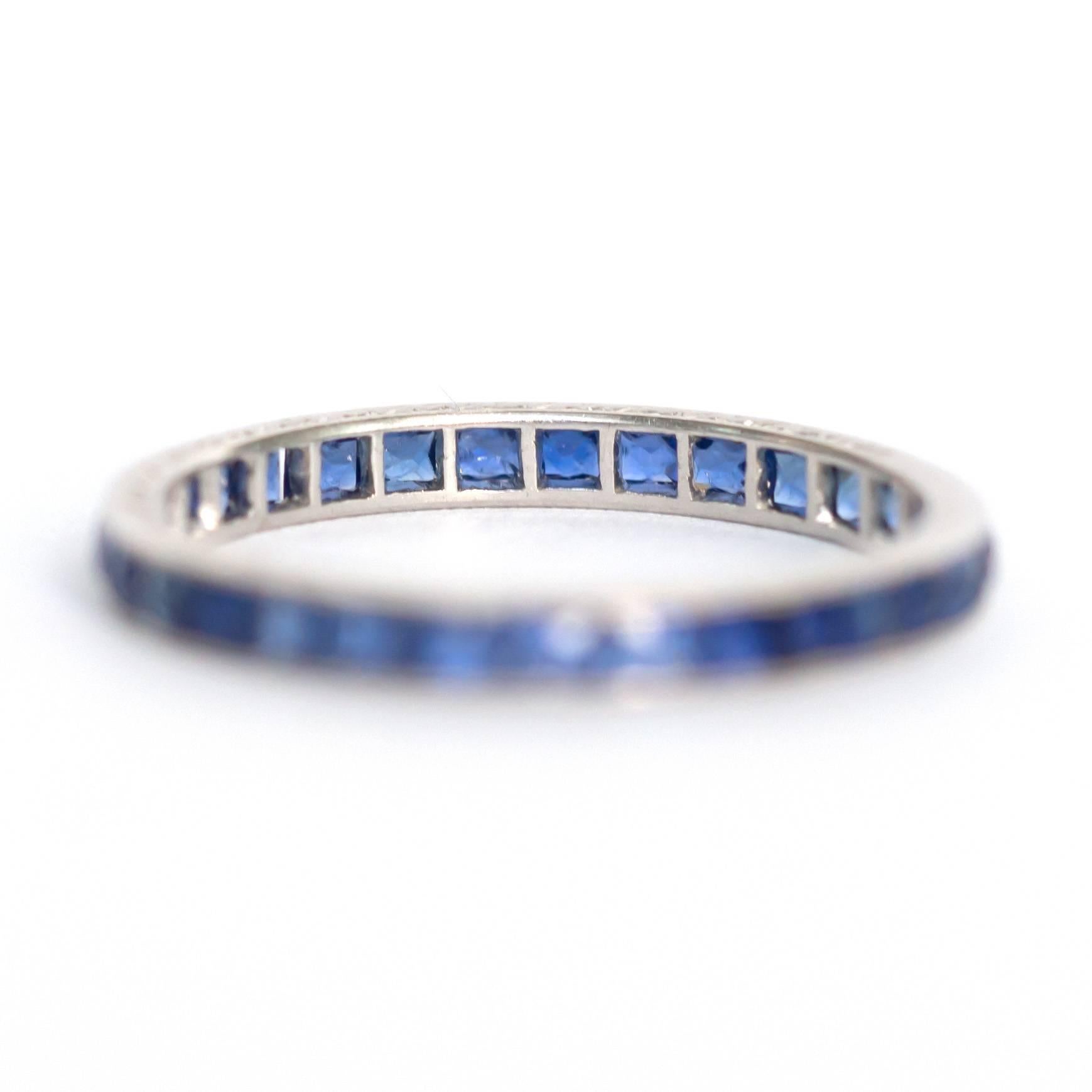 Item Details: 
Ring Size: 8.5 
Metal Type: Platinum
Weight: 2.6 grams

Color Stone Details: 
Type: Natural Sapphire
Shape: French Cut
Carat Weight: 2.00 carat, total weight.
Color: Blue

Finger to Top of Stone Measurement: 1.93mm