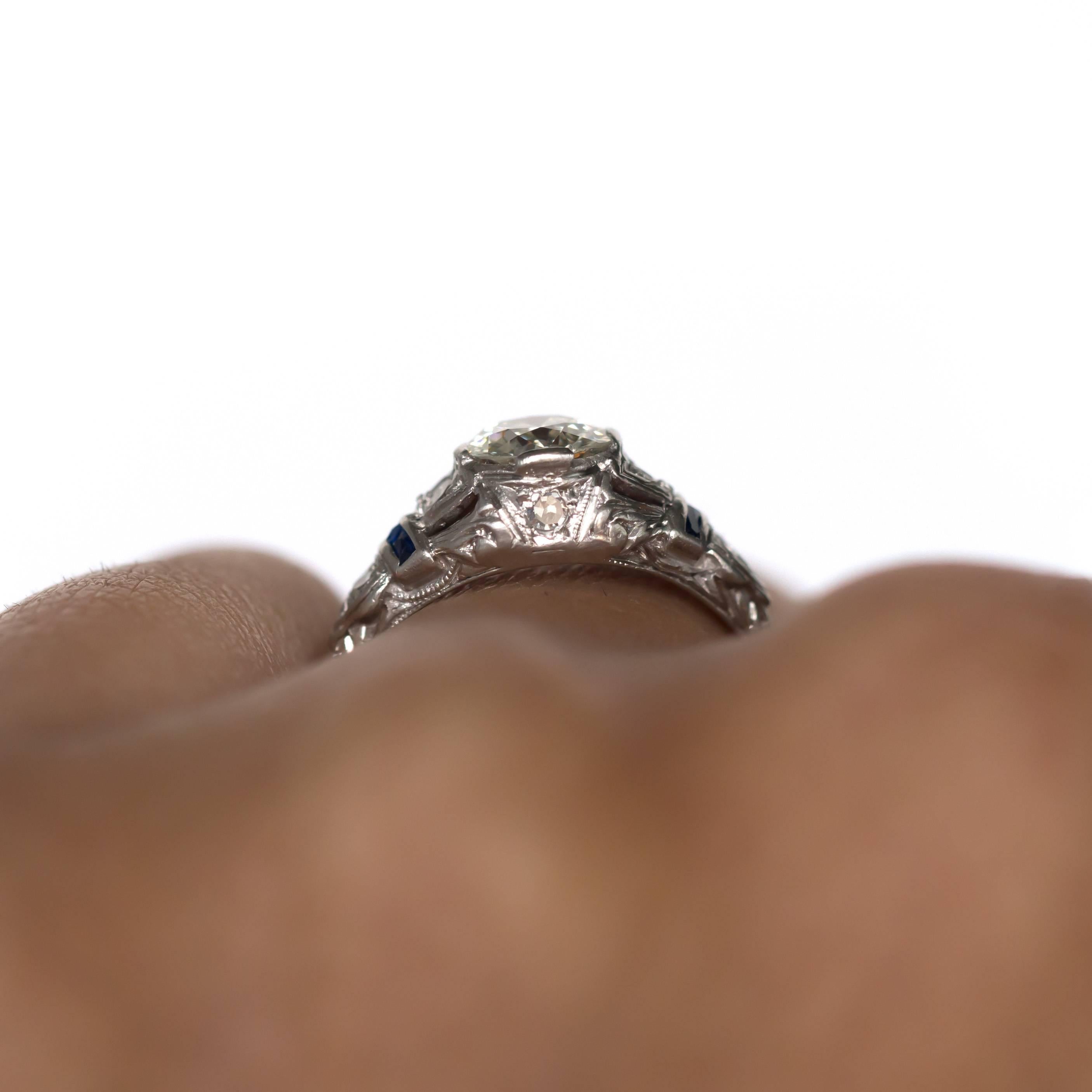Women's or Men's 1920s Art Deco Old European Cut Diamond and Sapphire Platinum Engagement Ring