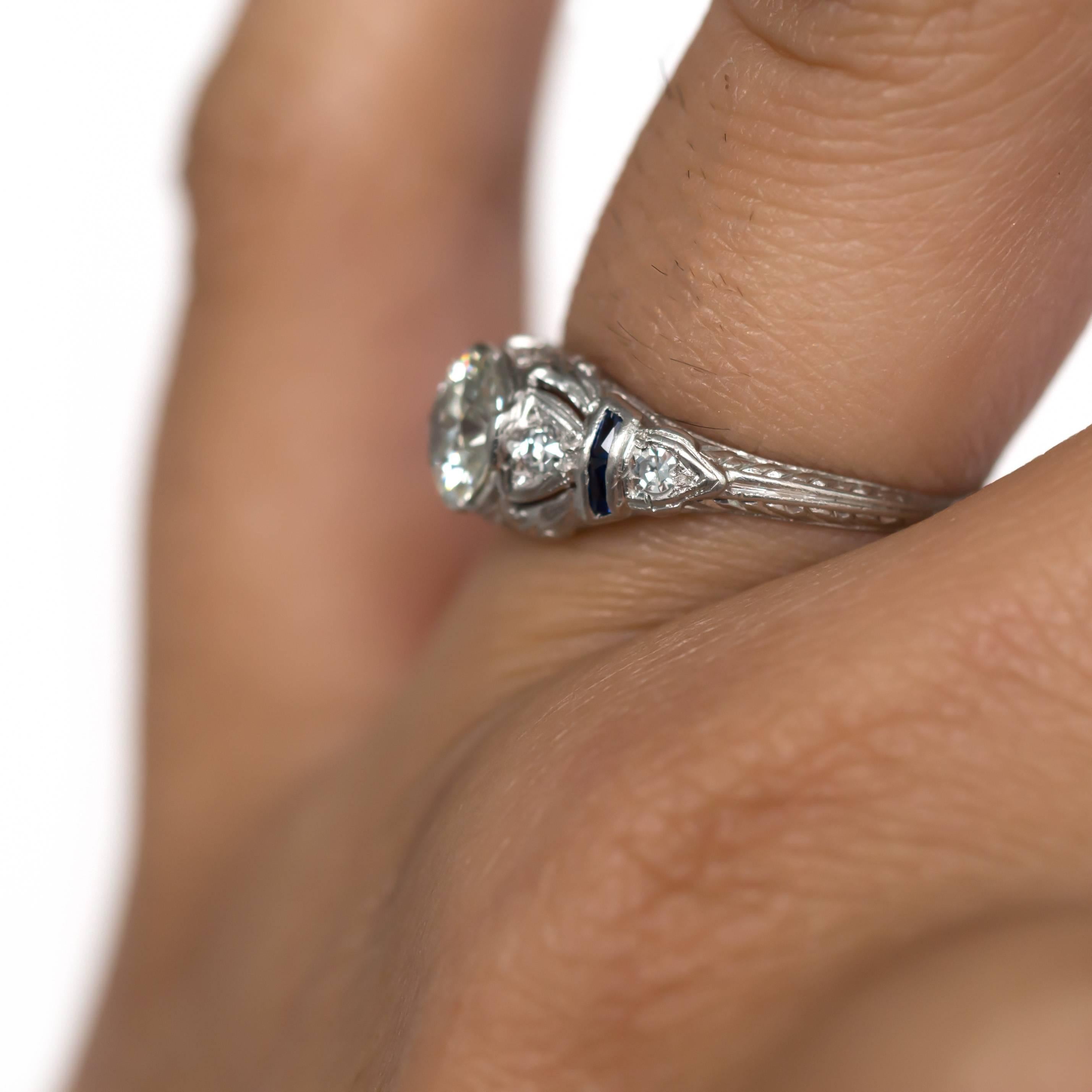 1920s Art Deco Old European Cut Diamond and Sapphire Platinum Engagement Ring In Excellent Condition In Atlanta, GA