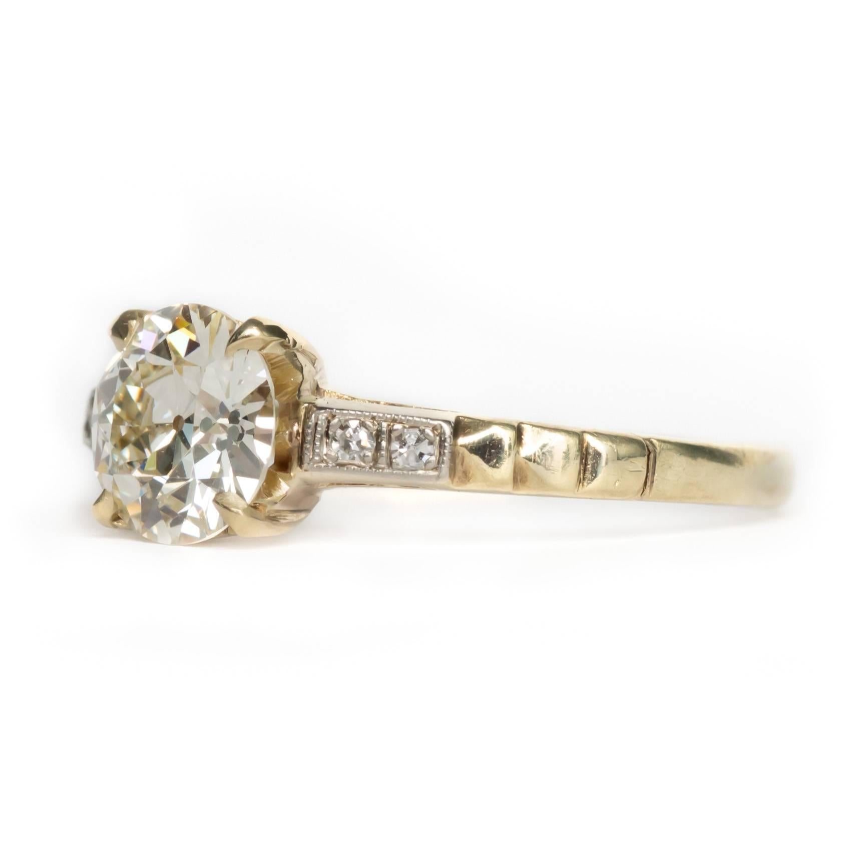 Item Details: 
Ring Size: 8
Metal Type: 14 Karat Yellow Gold
Weight: 2.9 grams

Center Stone Details:
Size: 1.35ct
Shape: Old European Brilliant
Color: K 
Clarity: VS1


Side Stone Details: 
Shape: Antique European Cut
Total Carat Weight: .06 carat,