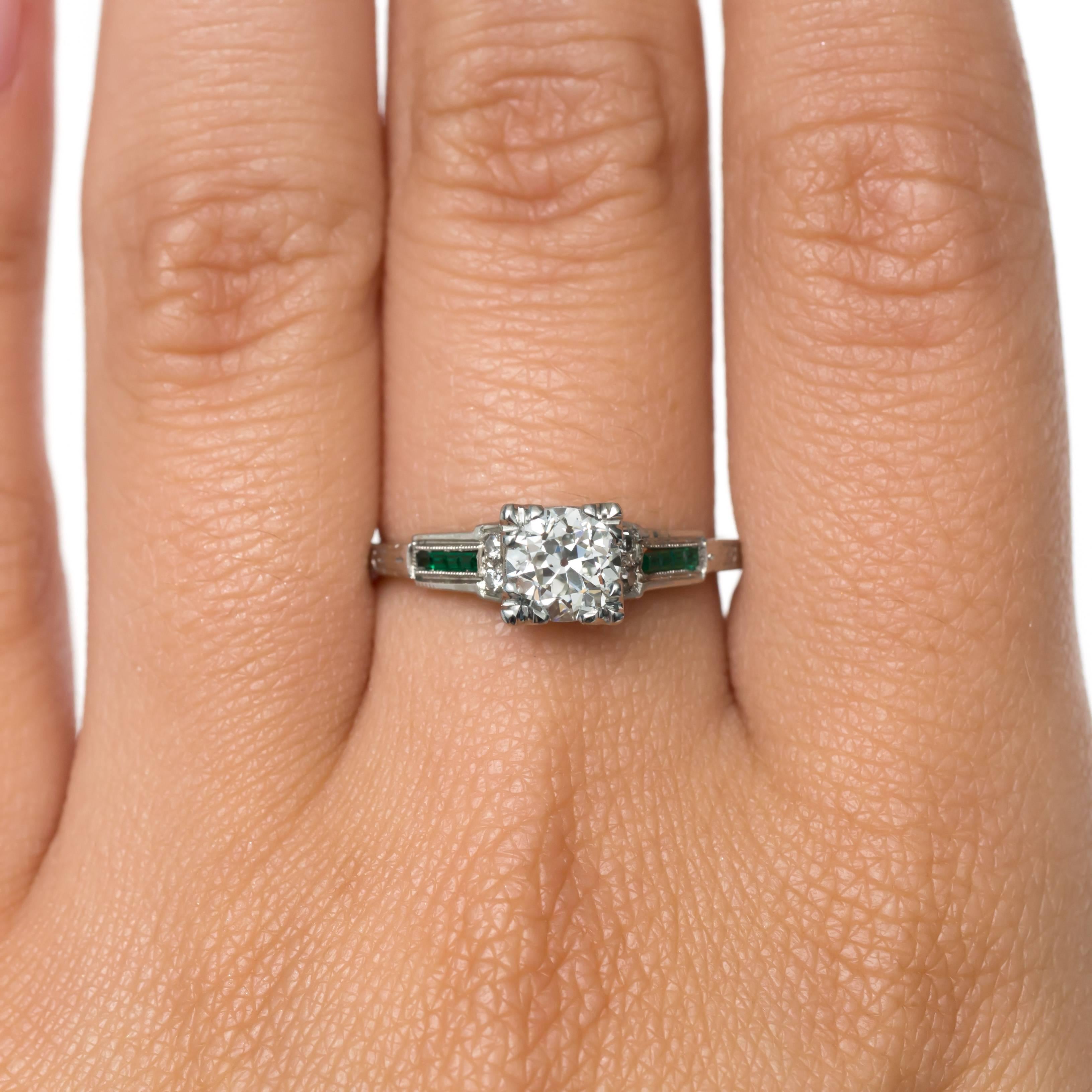 Women's 1930 White Gold Art Deco Circular Brilliant Diamond and Emerald Engagement Ring