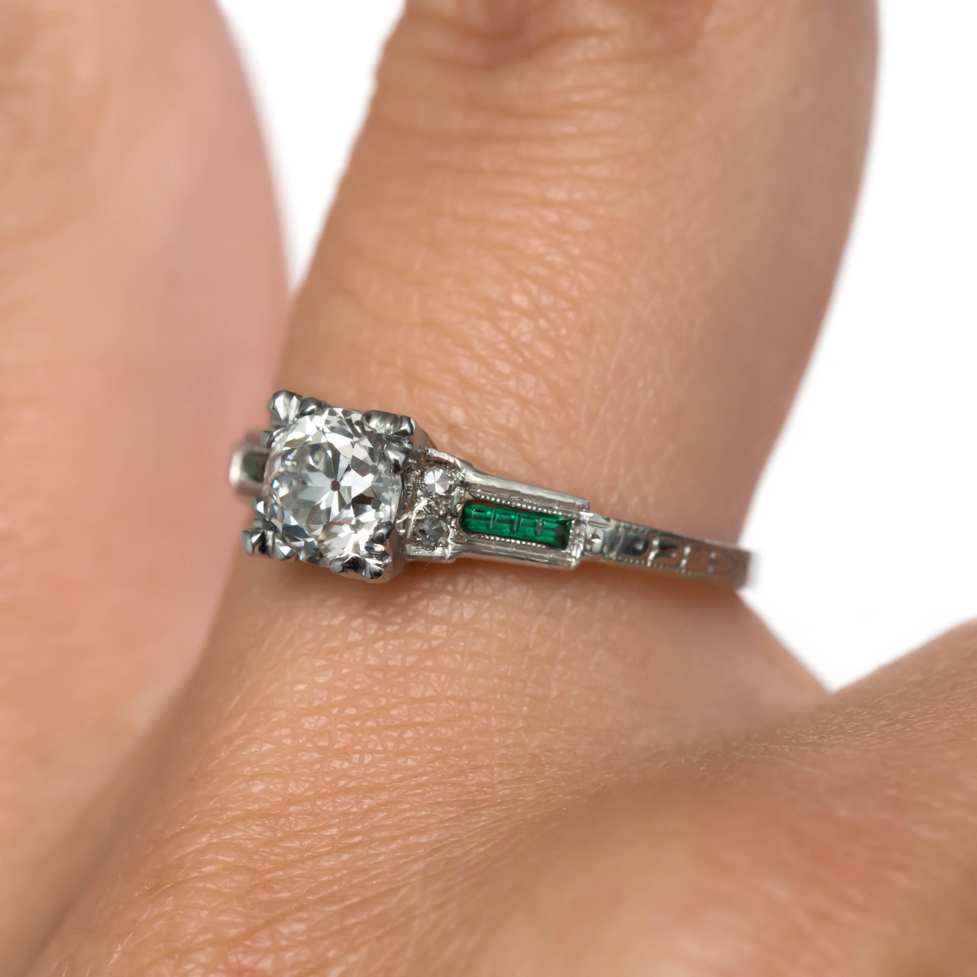 1930 White Gold Art Deco Circular Brilliant Diamond and Emerald Engagement Ring 1