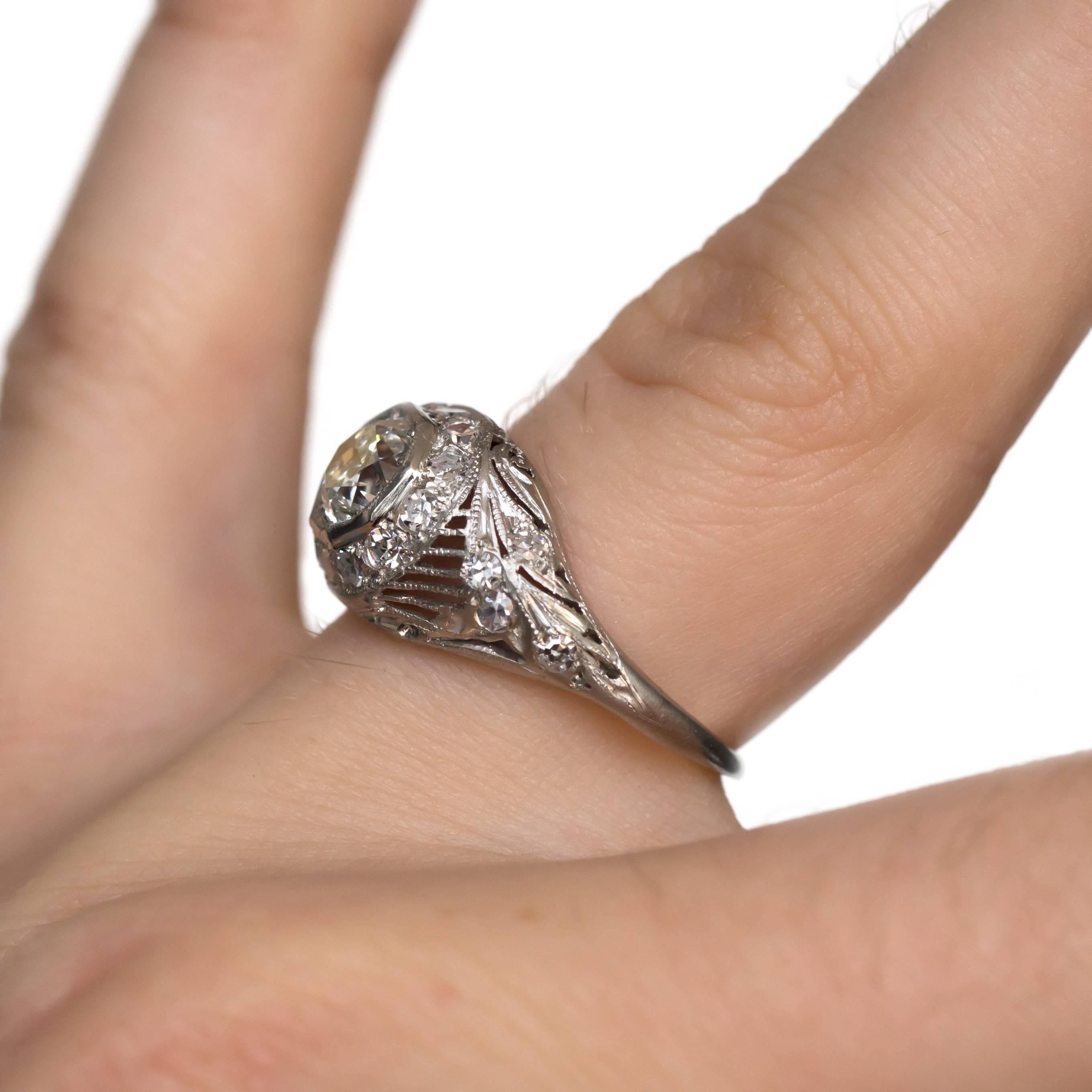 Women's 1920 Art Deco .74 Carat Circular Brilliant Cut Diamond Platinum Engagement Ring For Sale