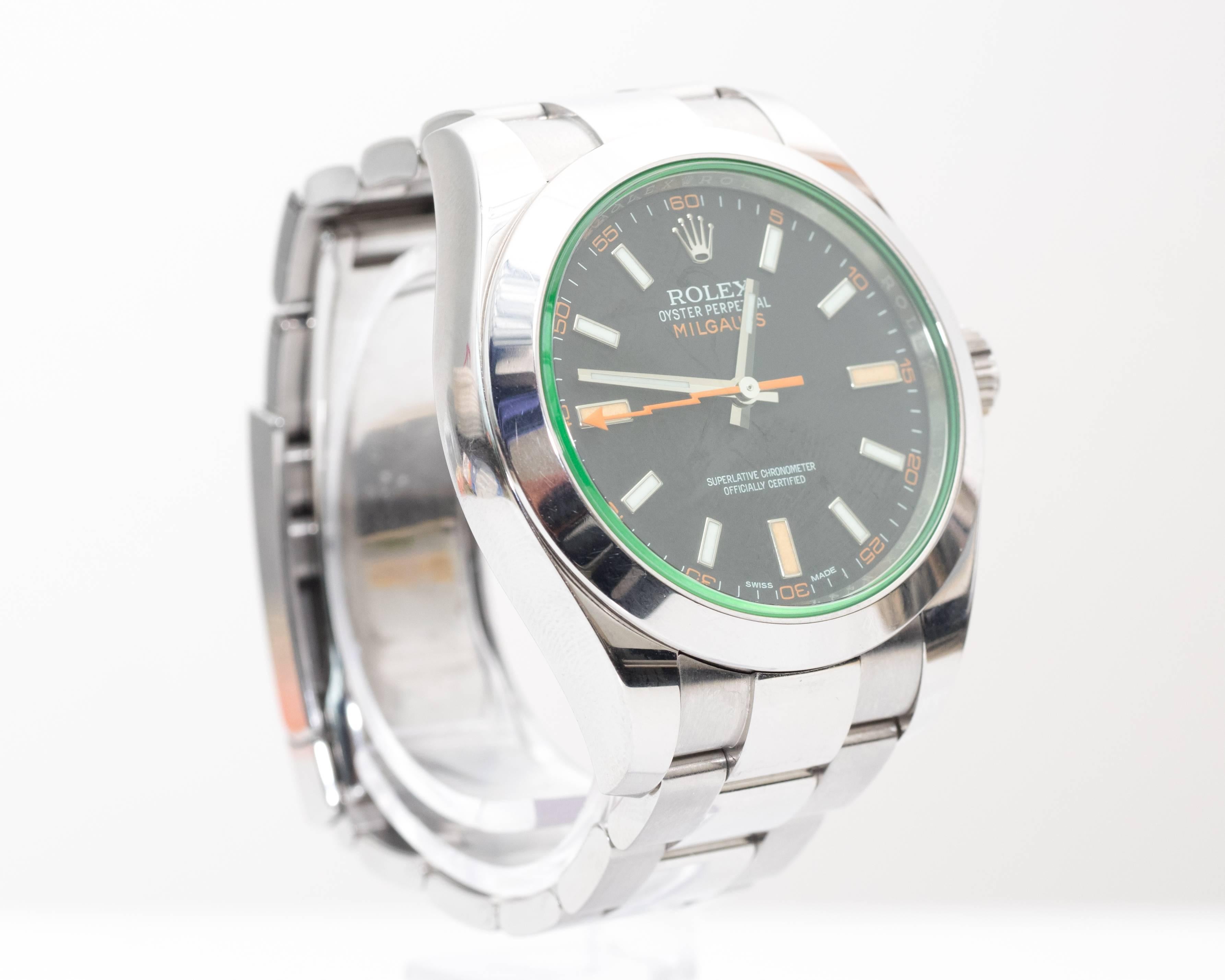 Absolutely stunning Rolex Milgauss wristwatch
Stainless Steel
Model 116400

This Rolex Milgauss watch is instantly recognizable. Created by Rolex in 1956 for scientists, this watch was the first of it's kind, designed to be resistant to the effects