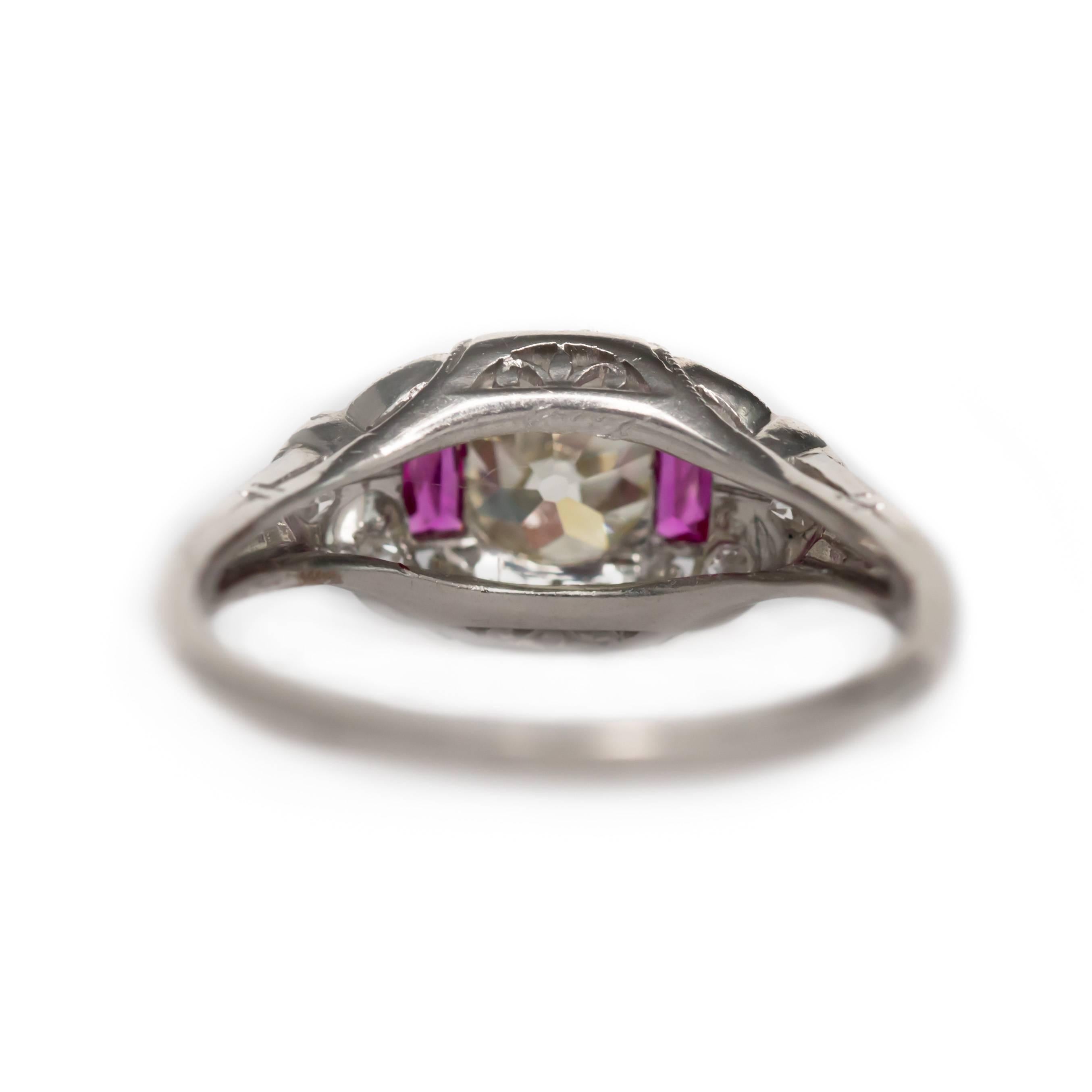French Cut Art Deco Platinum GIA Certified Old European Brilliant Cut Diamond and Ruby Ring