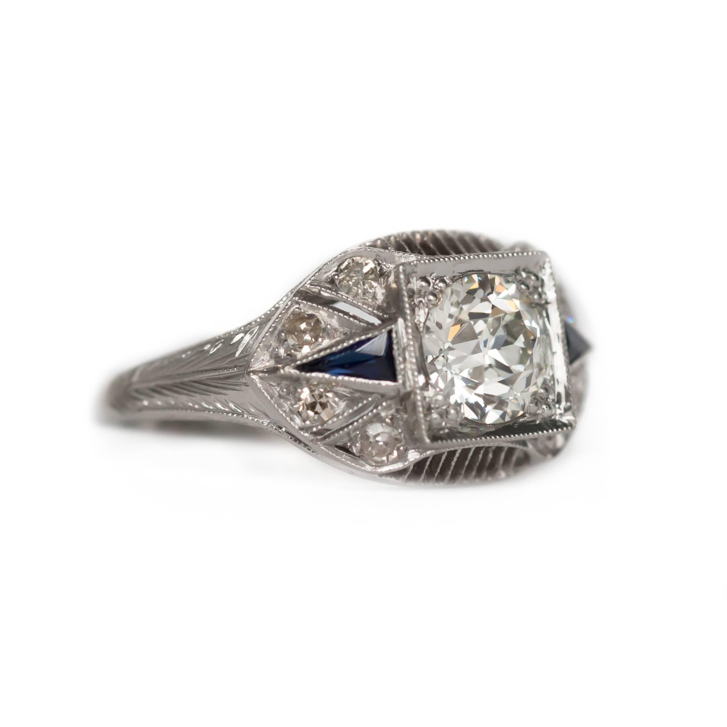 Old European Cut Art Deco Platinum Old European Brilliant Cut Diamond and Sapphire Ring