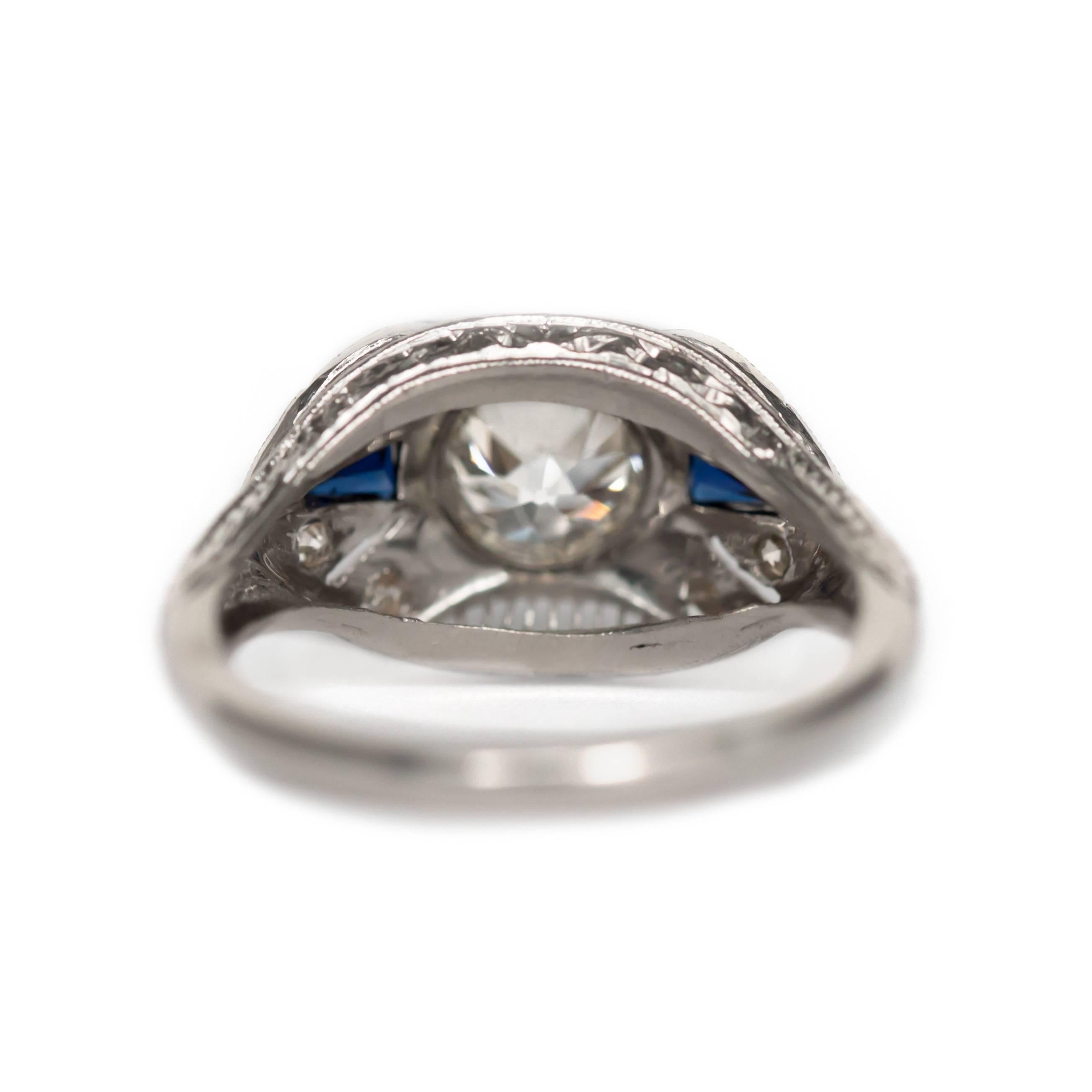 Art Deco Platinum Old European Brilliant Cut Diamond and Sapphire Ring In Good Condition In Atlanta, GA