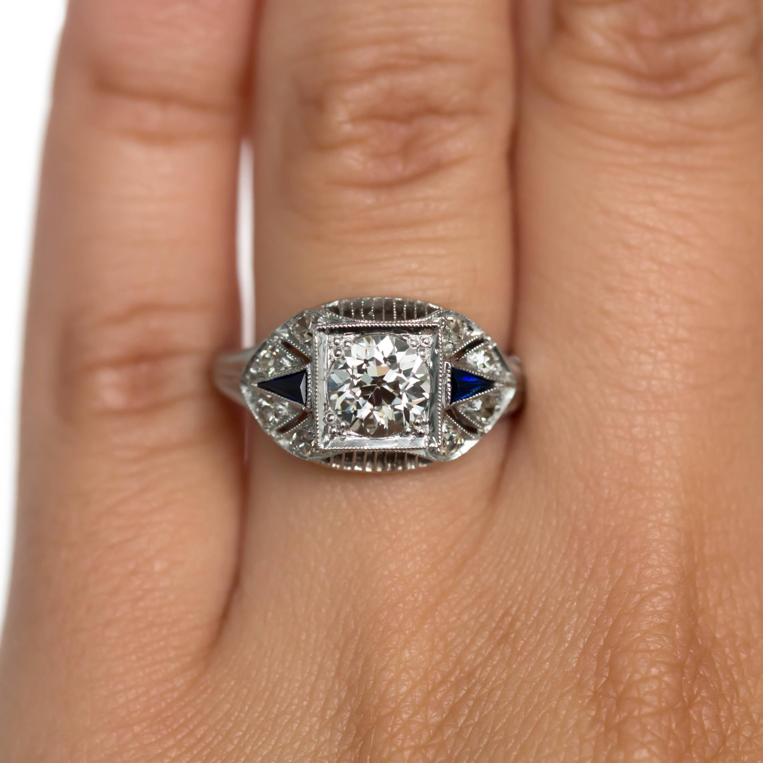Women's Art Deco Platinum Old European Brilliant Cut Diamond and Sapphire Ring