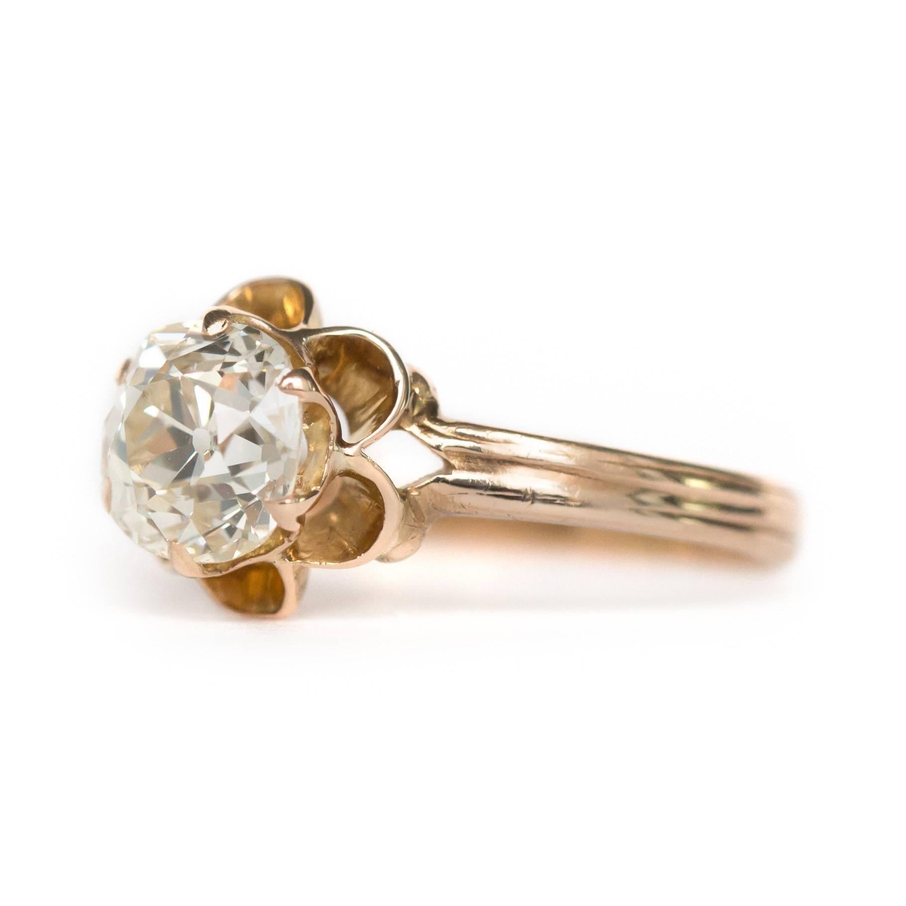 Item Details: 
Ring Size: Approximately 5.10
Metal Type: 14 Karat Yellow Gold
Weight: 1.6 grams

Center Diamond Details
GIA CERTIFIED Center Diamond - Certificate # 2185667311
Shape: Old Mine Brilliant
Carat Weight: 1.05 carat
Color: L
Clarity: