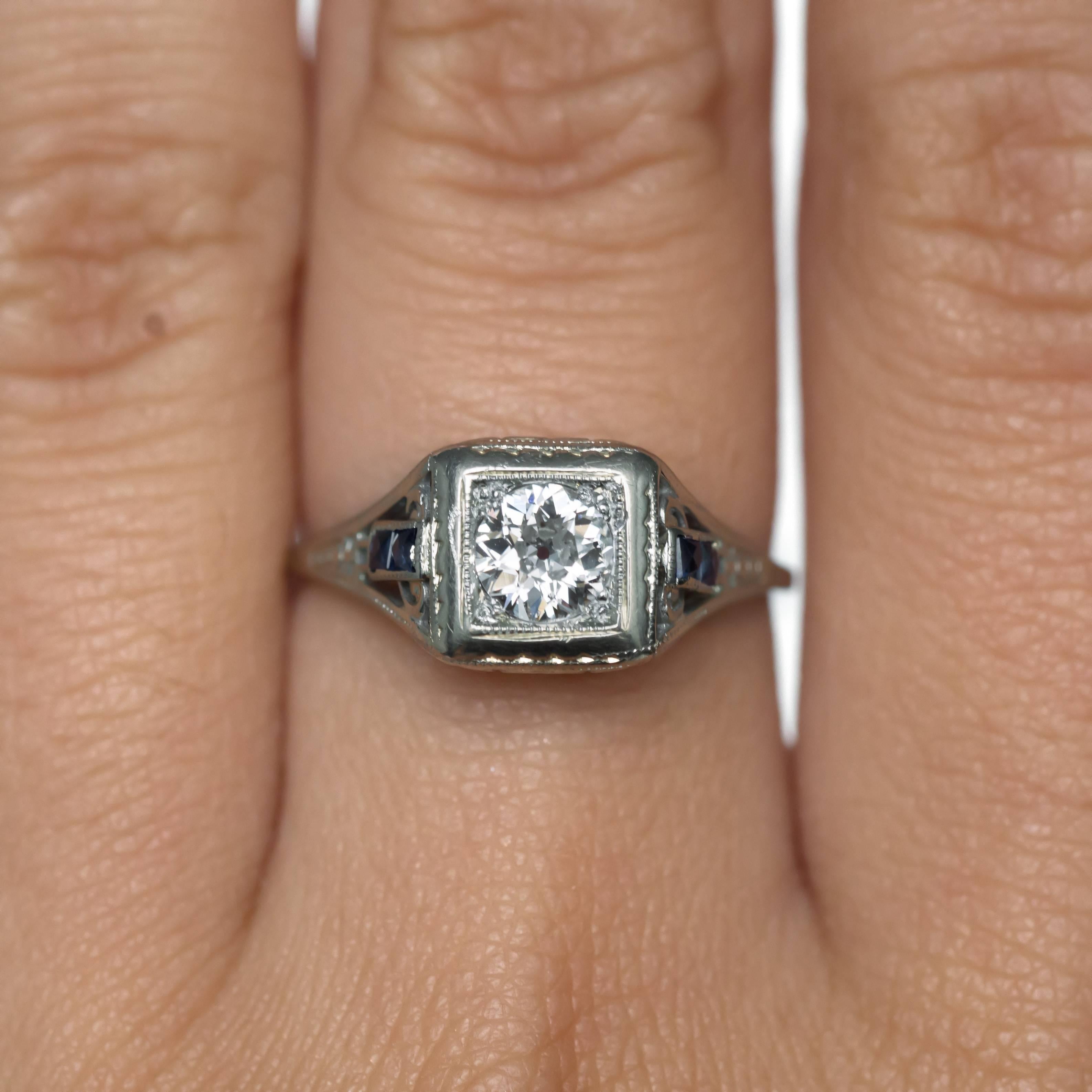 French Cut 1930s Art Deco .40 Carat Diamond 14 Karat White Gold Engagement Ring