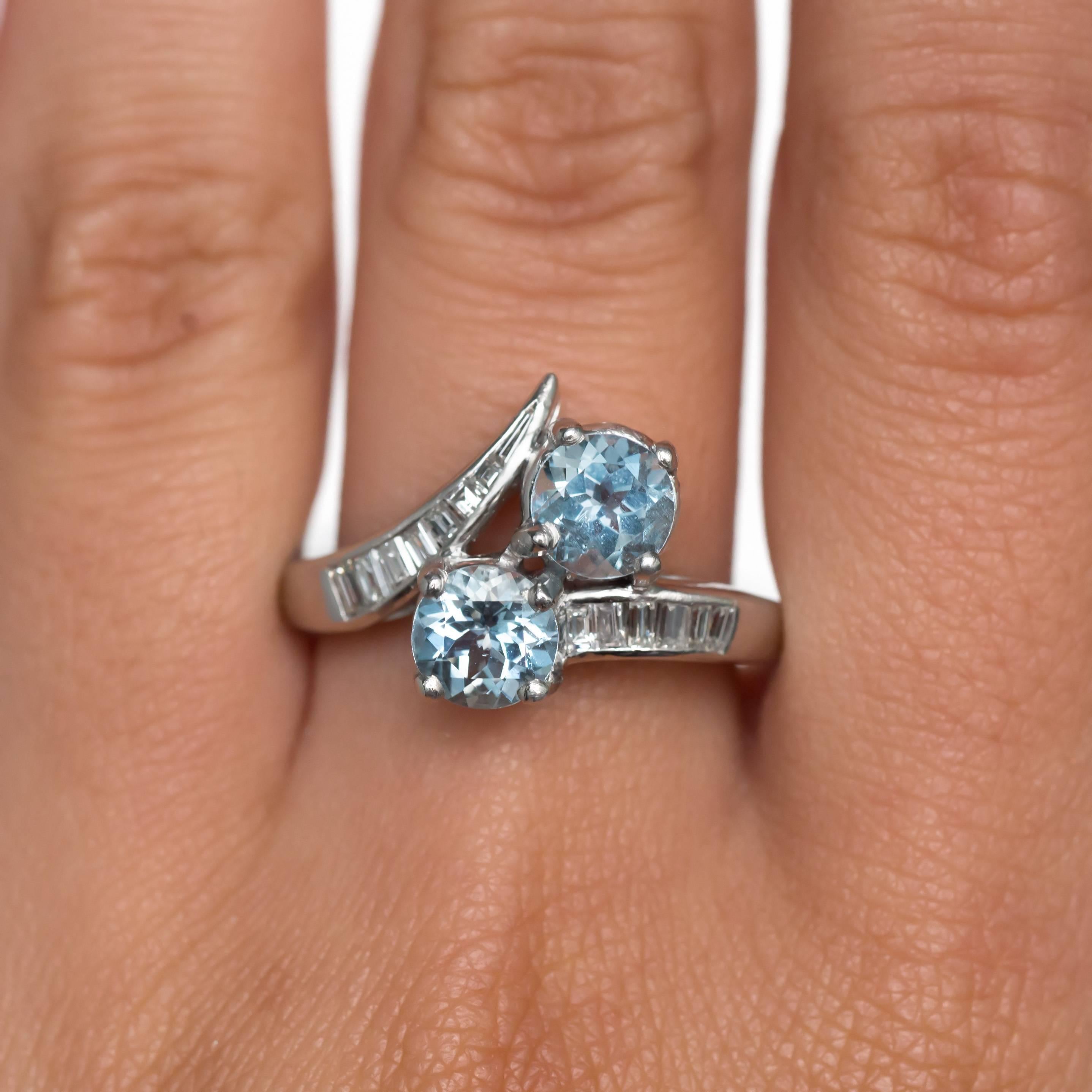 Round Cut 1950s Retro 1.00 Carat Aquamarine and .60 Carat Diamond Platinum Engagement Ring For Sale