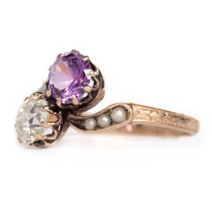 1890s Victorian Diamond and Amethyst 9 Karat Yellow Gold Engagement Ring