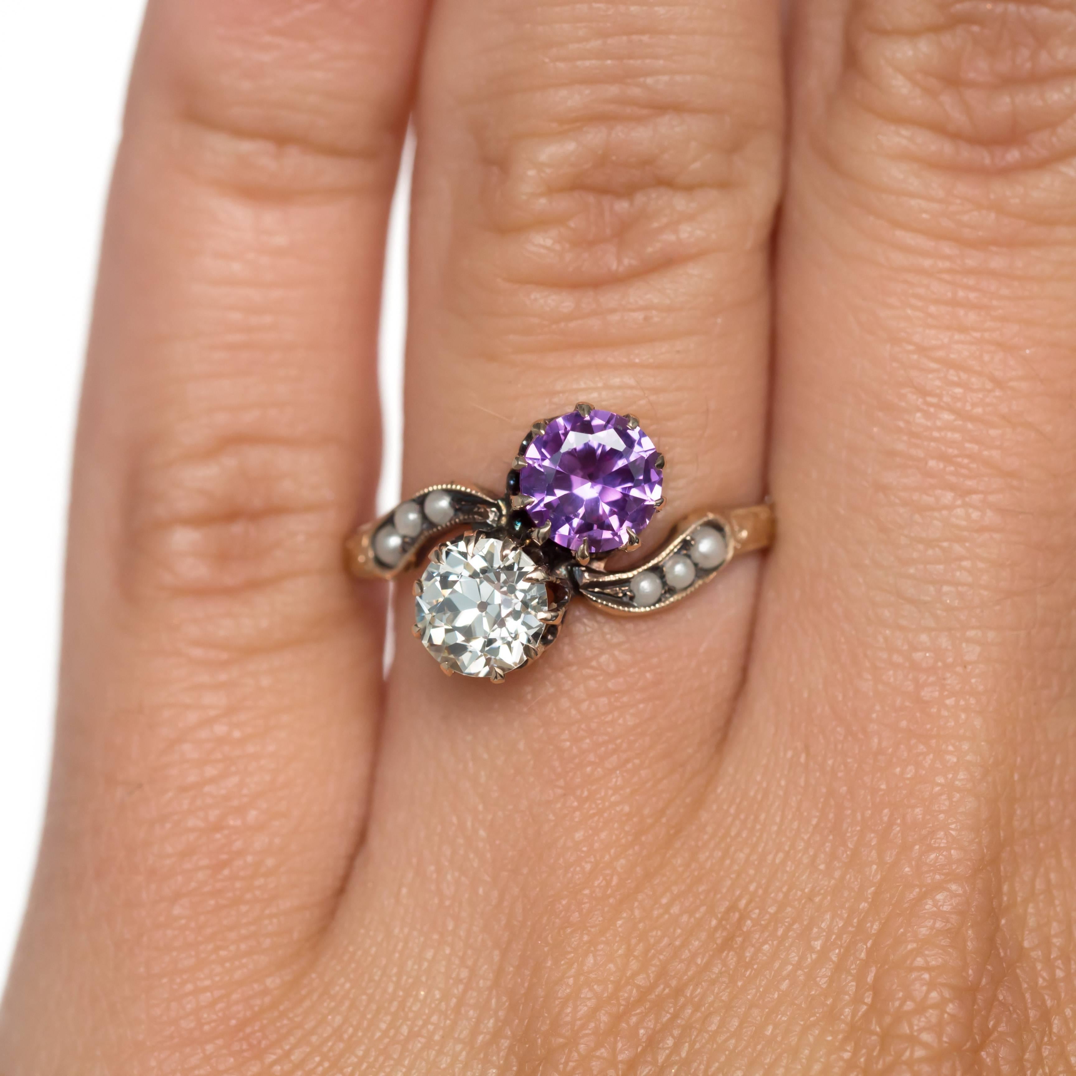 Round Cut 1890s Victorian Diamond and Amethyst 9 Karat Yellow Gold Engagement Ring For Sale