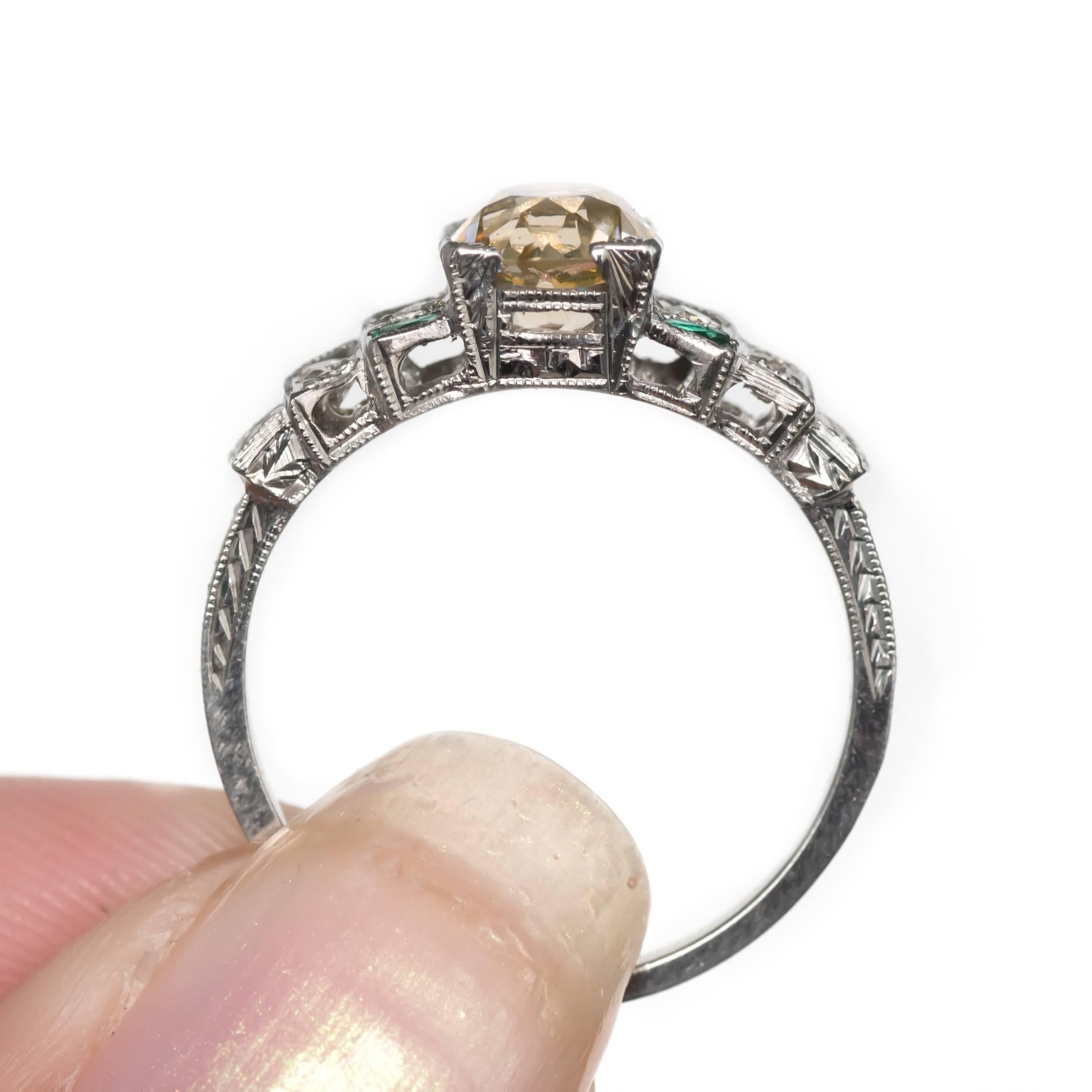 1920 Art Deco 18 Karat Gold 1.14 Carat Diamond and Emerald Engagement Ring In Excellent Condition In Atlanta, GA