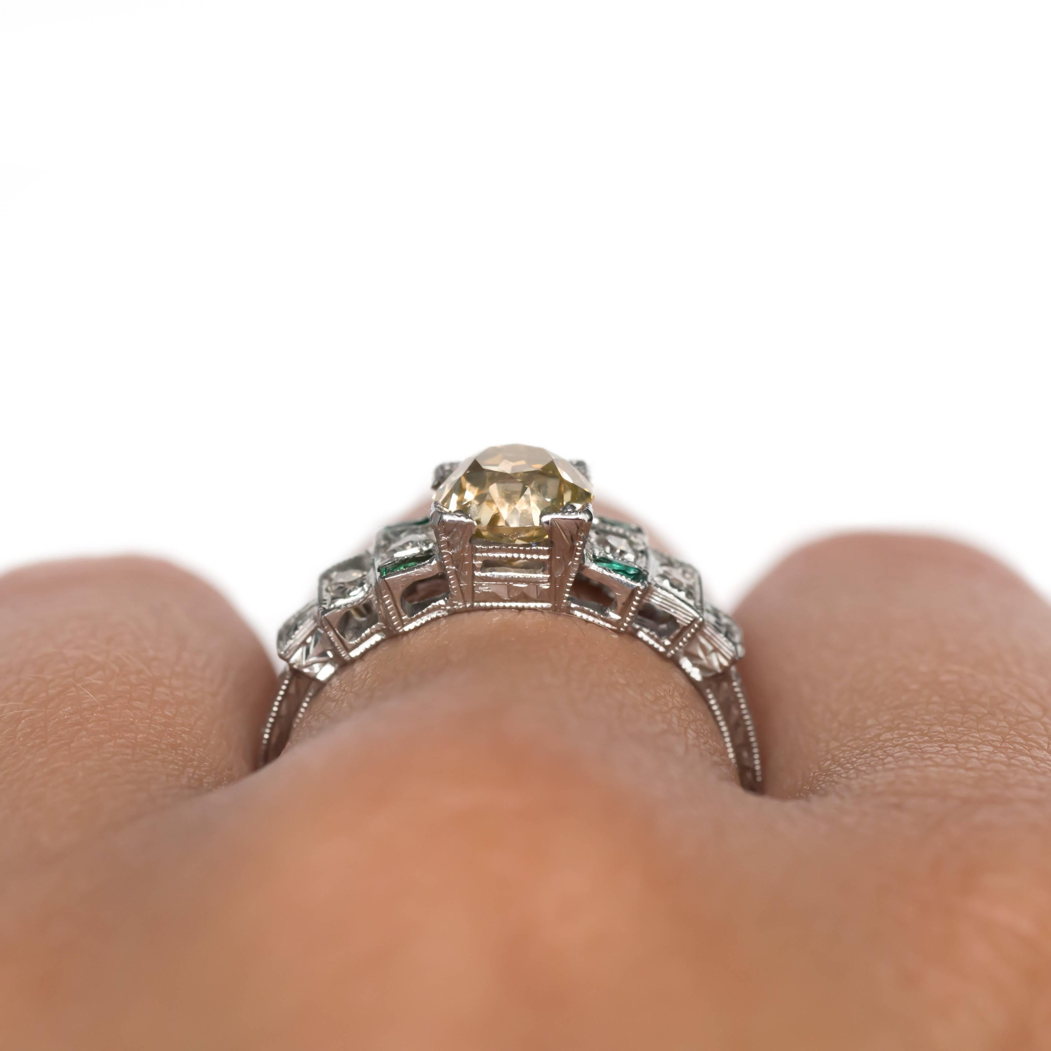 1920 Art Deco 18 Karat Gold 1.14 Carat Diamond and Emerald Engagement Ring 2