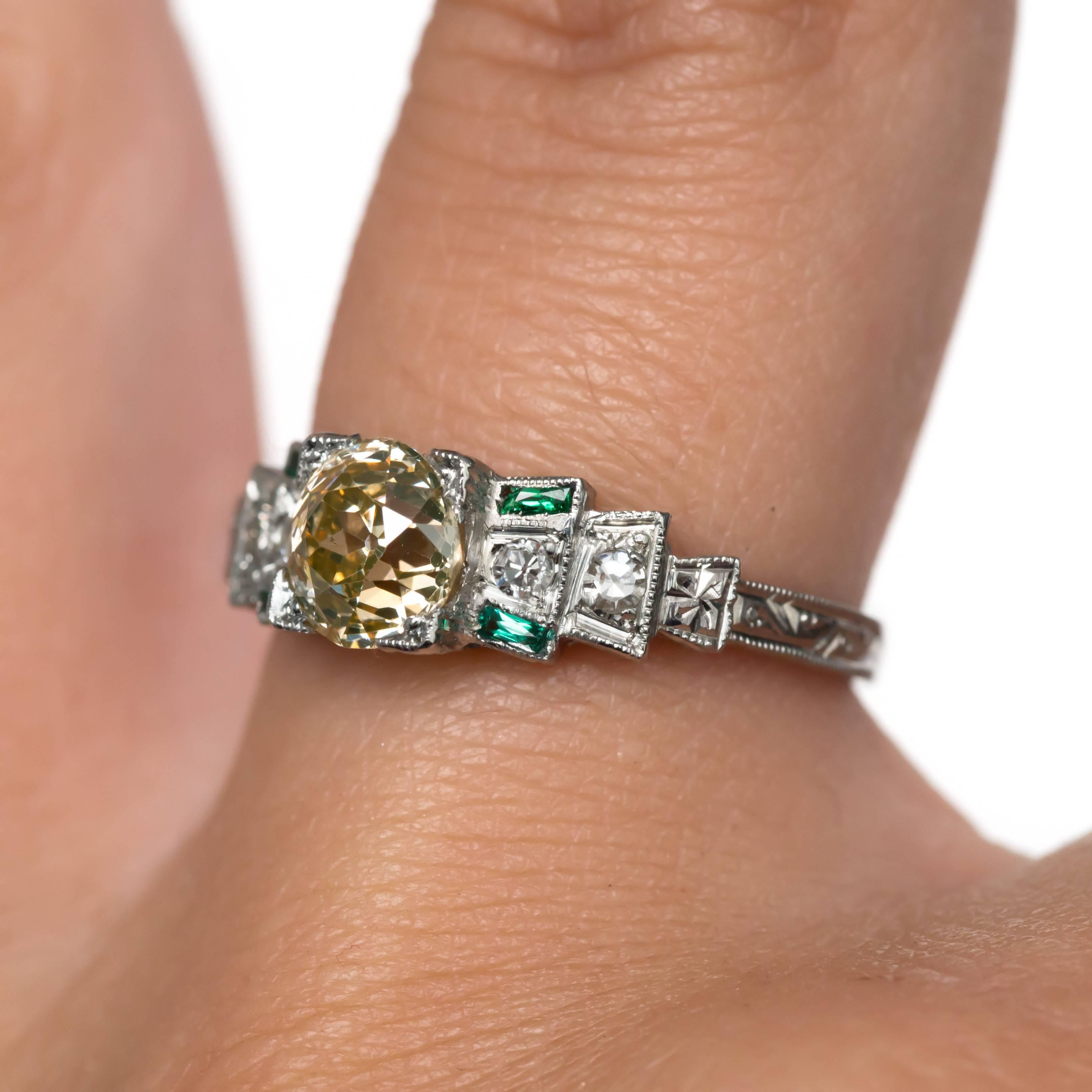 1920 Art Deco 18 Karat Gold 1.14 Carat Diamond and Emerald Engagement Ring 1