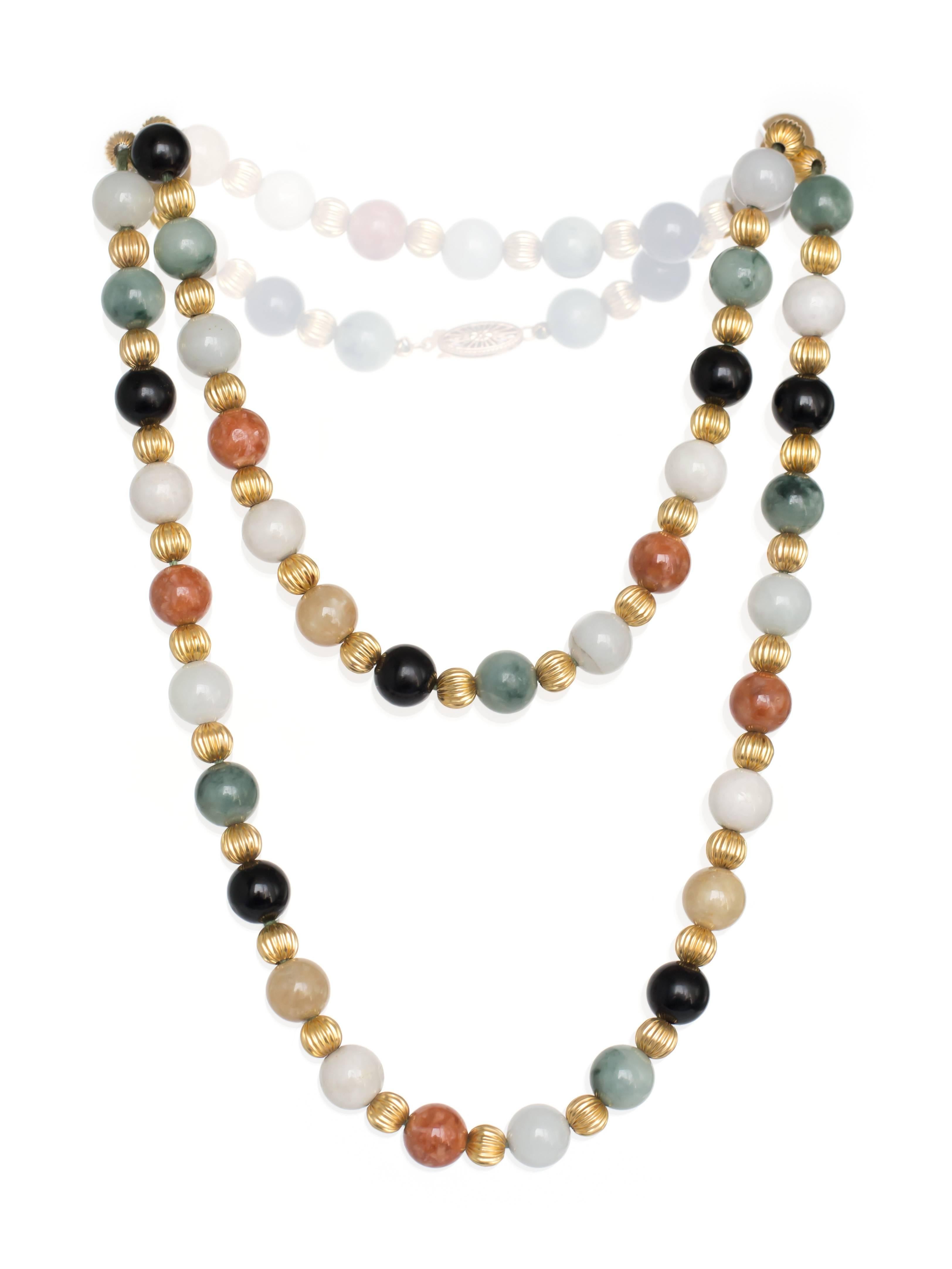 Women's or Men's 14 Karat Yellow Gold Dyed Jade Beaded Necklace
