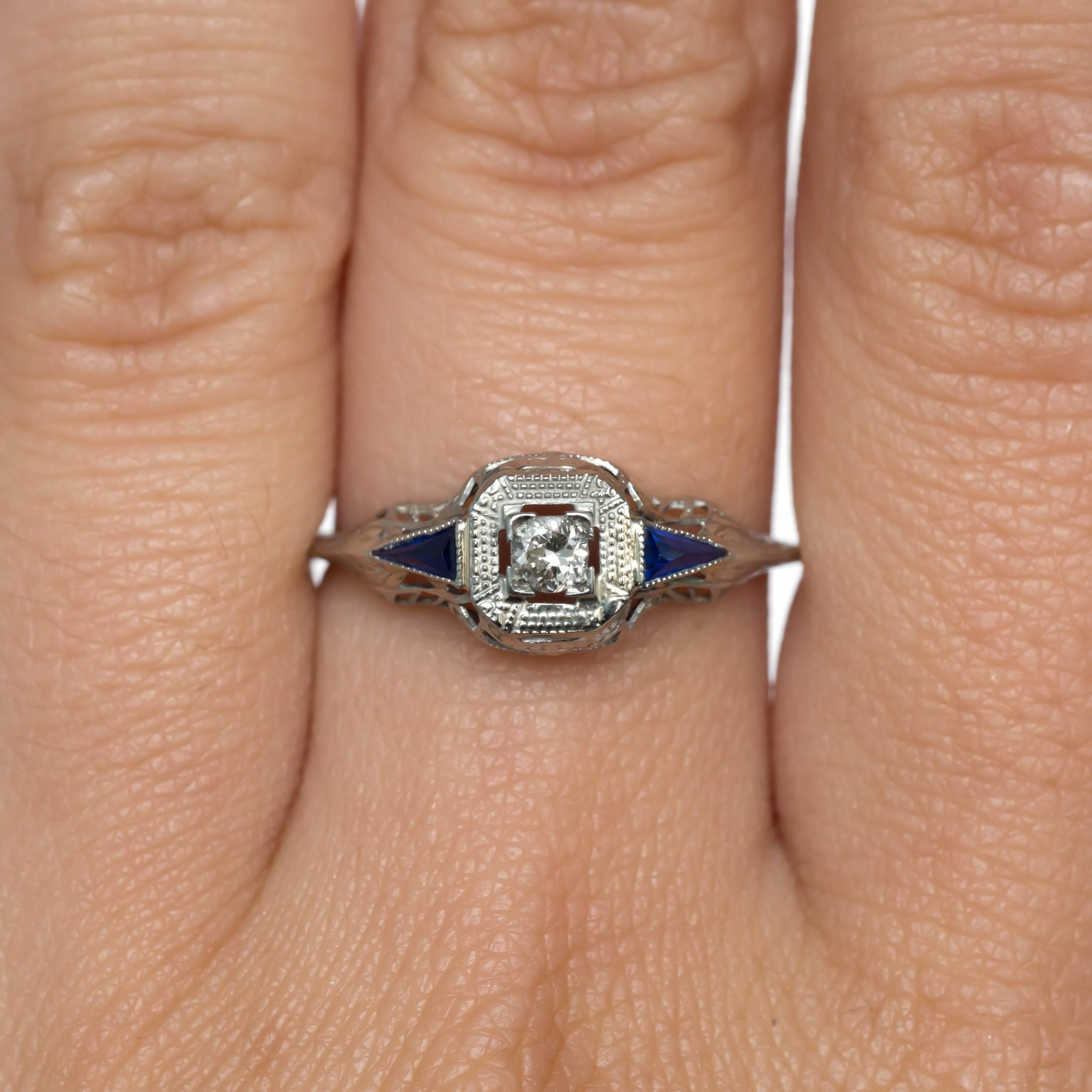 .05 Carat 18 Karat White Gold Diamond and Sapphire Engagement Ring In Excellent Condition In Atlanta, GA