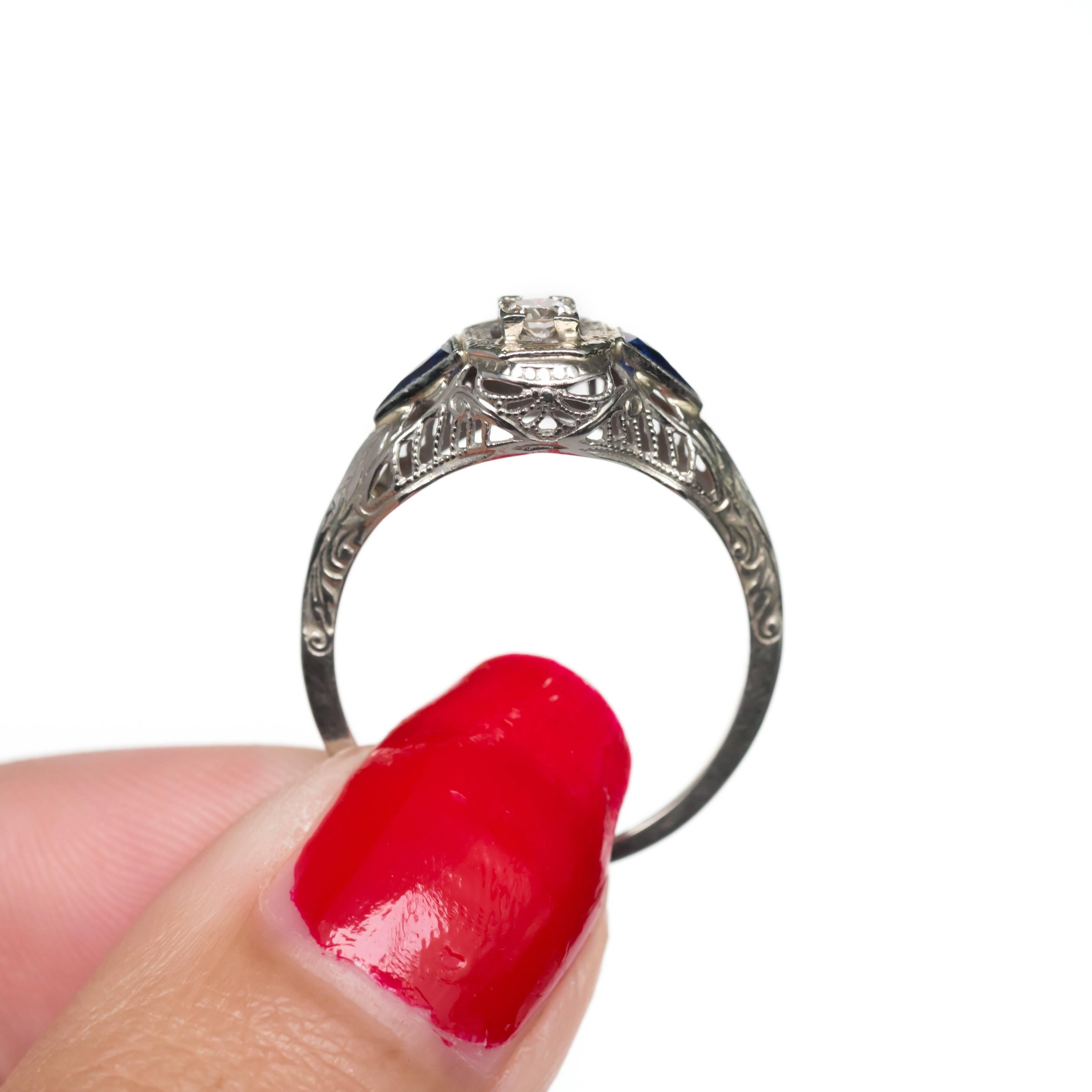French Cut .05 Carat 18 Karat White Gold Diamond and Sapphire Engagement Ring