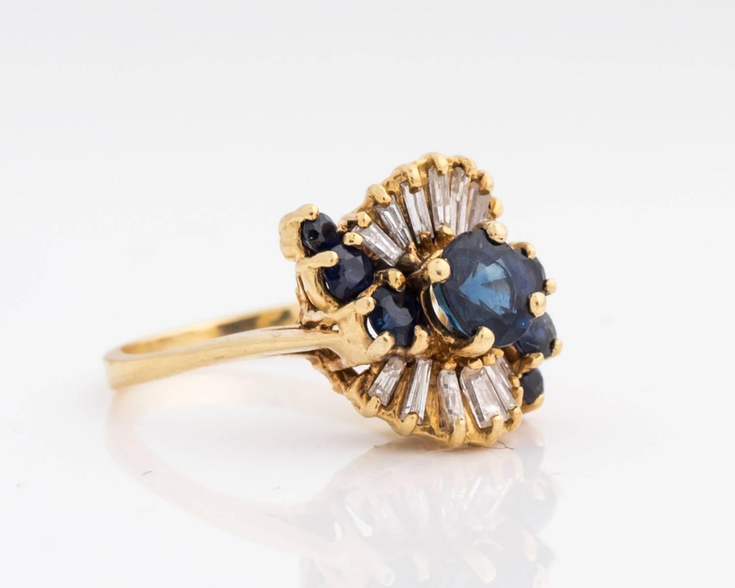 Retro 1980s 1.0 carat total Sapphire and Diamond and 18K Yellow Gold Ring