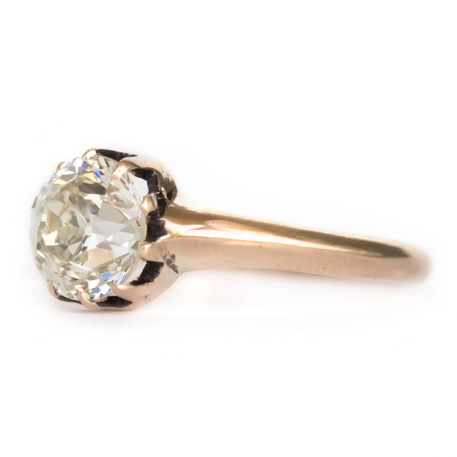 Item Details: 
Ring Size: Approximately 5.45
Metal Type: 14 Karat Yellow Gold
Weight: 1.4 grams

Center Diamond Details:
Shape: Old European Brilliant
Carat Weight: 1.12 carat
Color: M
Clarity: VS1

Finger to Top of Stone Measurement: 4.29mm
