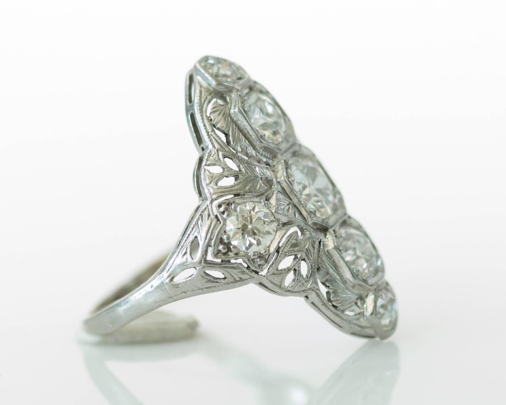 Old European Cut 1930s Art Deco 2.06 Carat Diamond Platinum Shield Ring