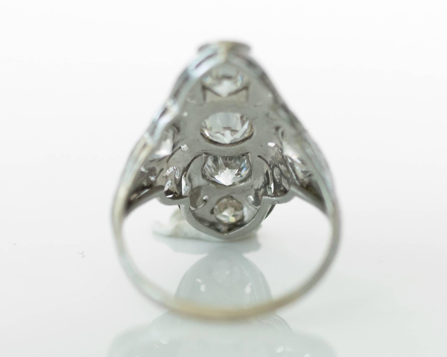 1930s Art Deco 2.06 Carat Diamond Platinum Shield Ring In Good Condition In Atlanta, GA