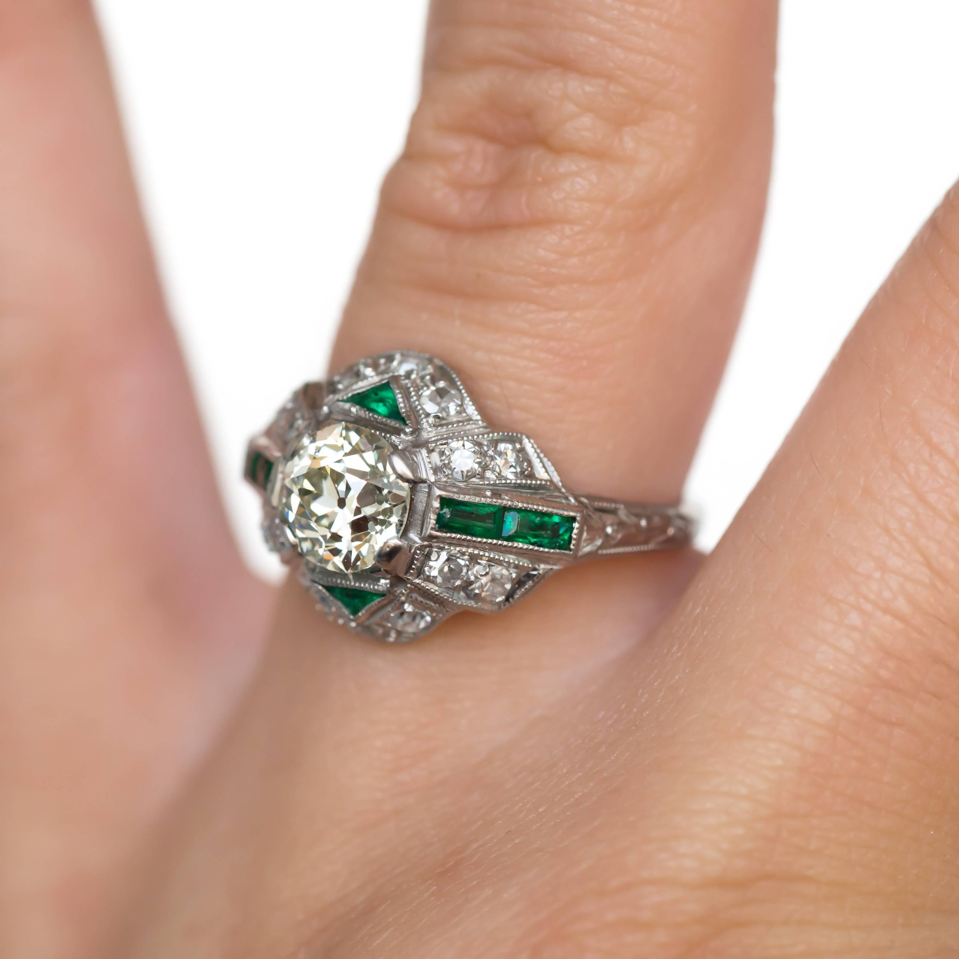 1.01 Carat Diamond and Emerald Platinum Engagement Ring For Sale 1