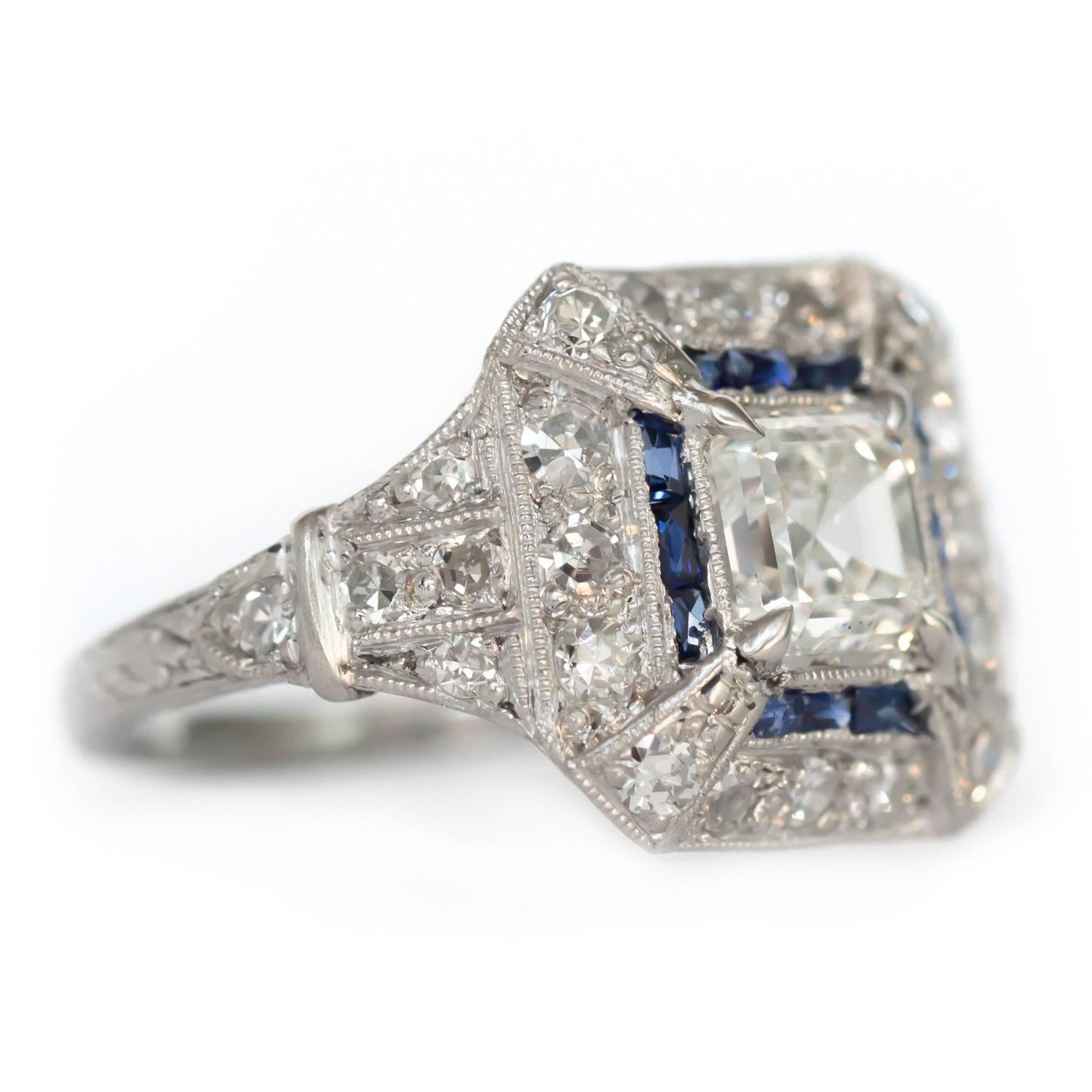 Art Deco GIA Certified 1.01 Carat Diamond and Sapphire Platinum Engagement Ring