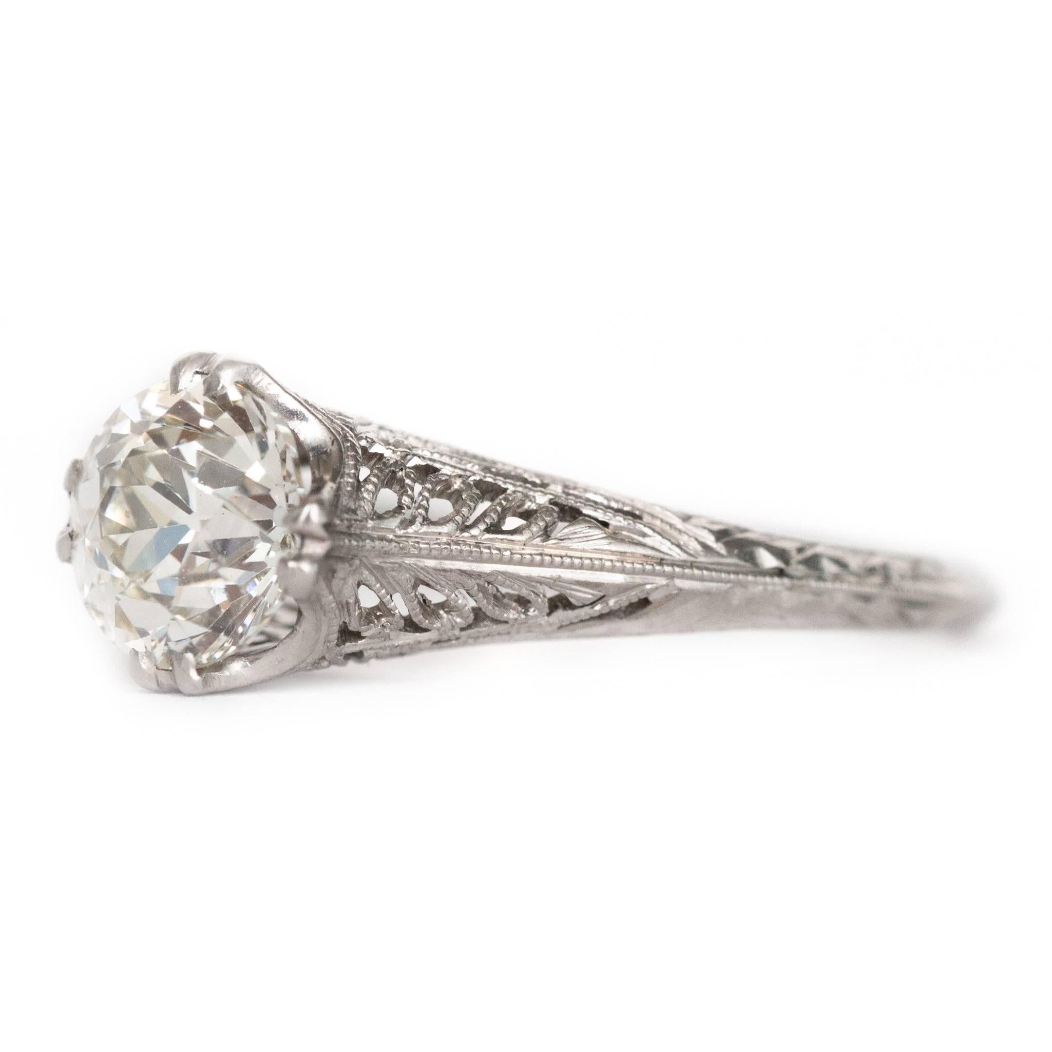 Item Details: 
Ring Size: 6.25
Metal Type: Platinum
Weight: 3.2 grams

Center Diamond Details:
Shape: Old European Cut
Carat Weight: 1.24 carat
Color: I
Clarity: VS1


Finger to Top of Stone Measurement: 7.72mm
