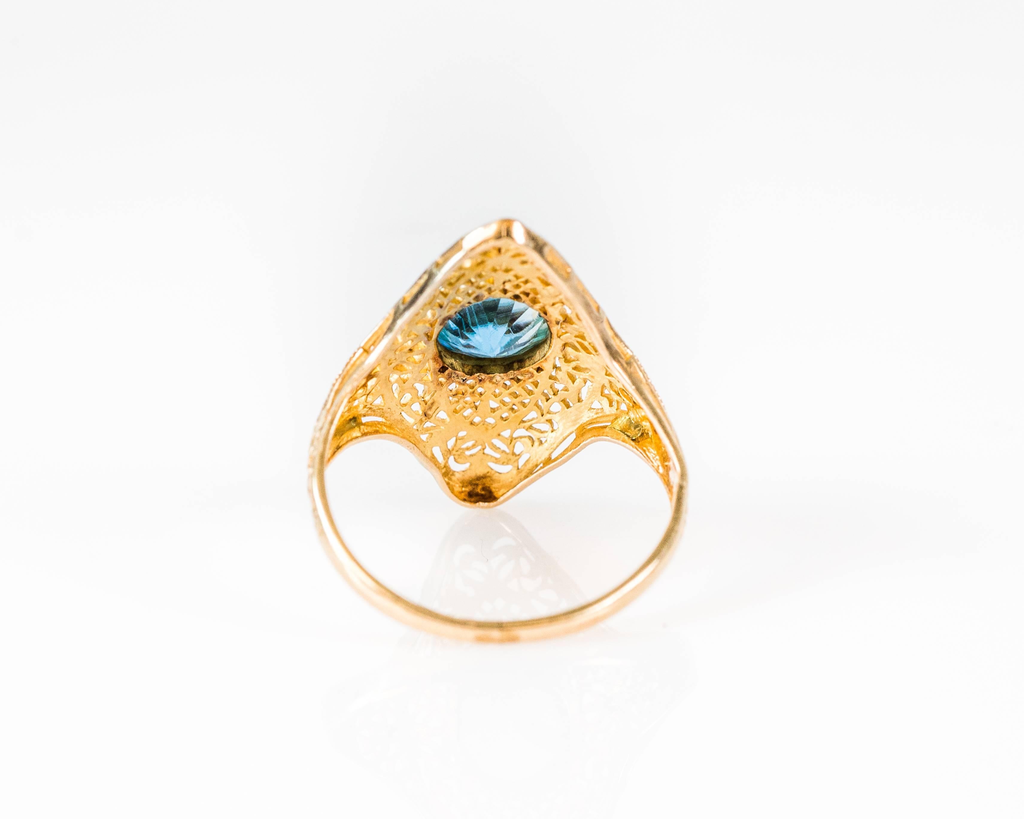 Marquise Cut 1.25 Carat Blue Zircon and 14K Gold Filigree Ring