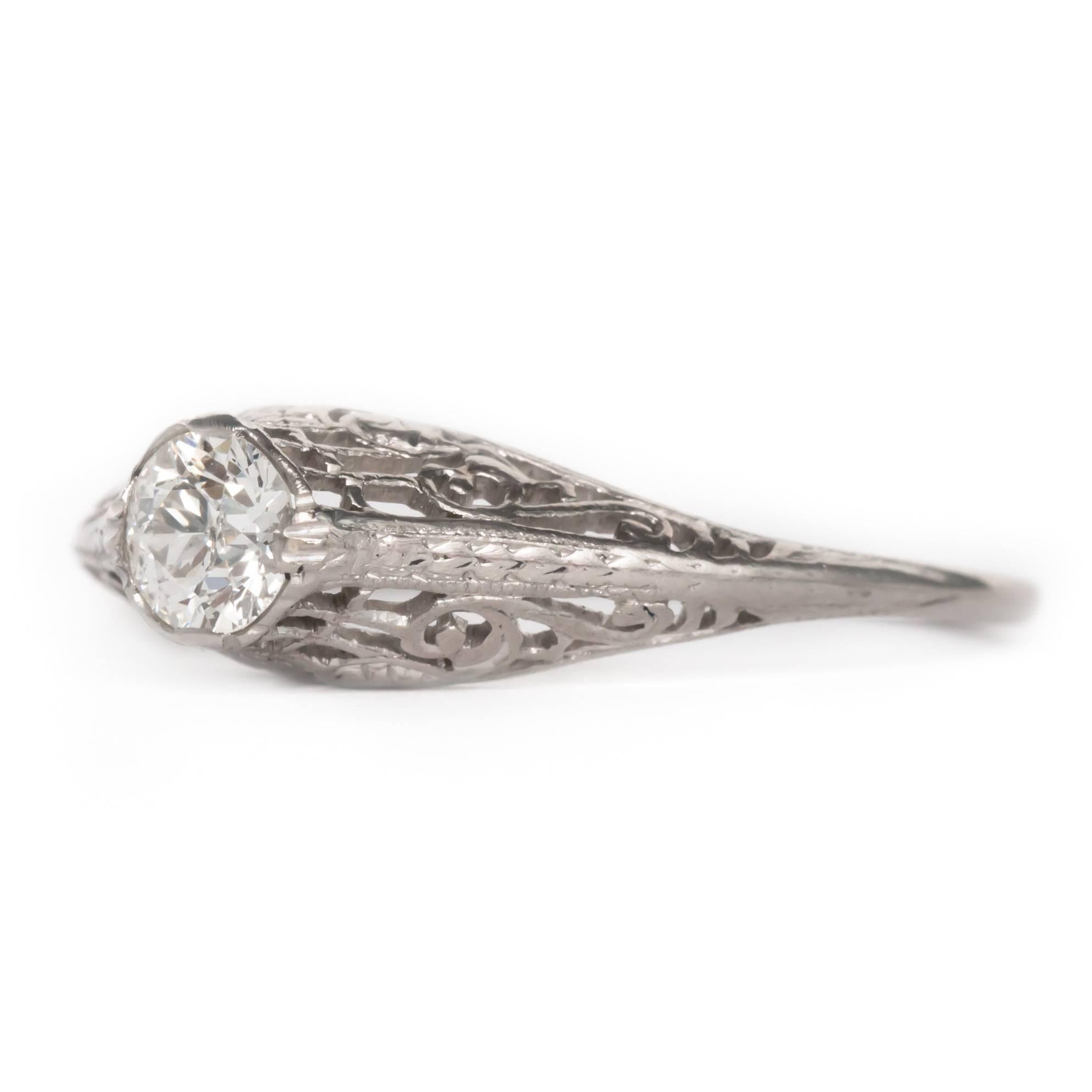 Item Details: 
Ring Size: Approximately 7.70
Metal Type: Platinum
Weight: 2.4 grams

Center Diamond Details:
Shape: Old European Brilliant
Carat Weight: .33 carat
Color: I
Clarity: VS2


Finger to Top of Stone Measurement: 6.40mm
