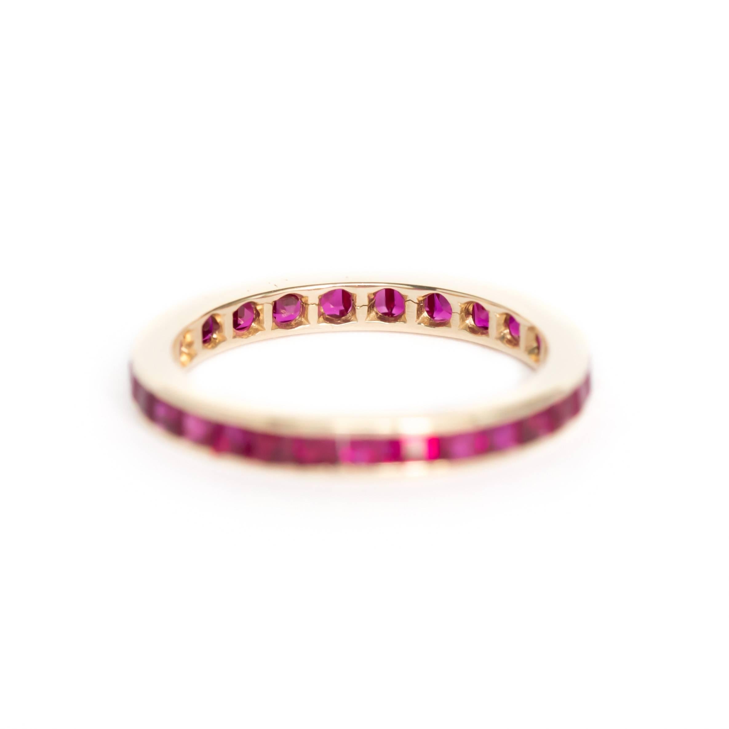 Item Details: 
Ring Size: Approximately 6.40
Metal Type: 14 Karat Yellow Gold
Weight: 1.7 grams

Color Stone Details: 
Type: Synthetic Ruby
Shape: Princess Cut
Carat Weight: 1.50 carat, total weight.
Color: Deep Red

Finger to Top of Stone