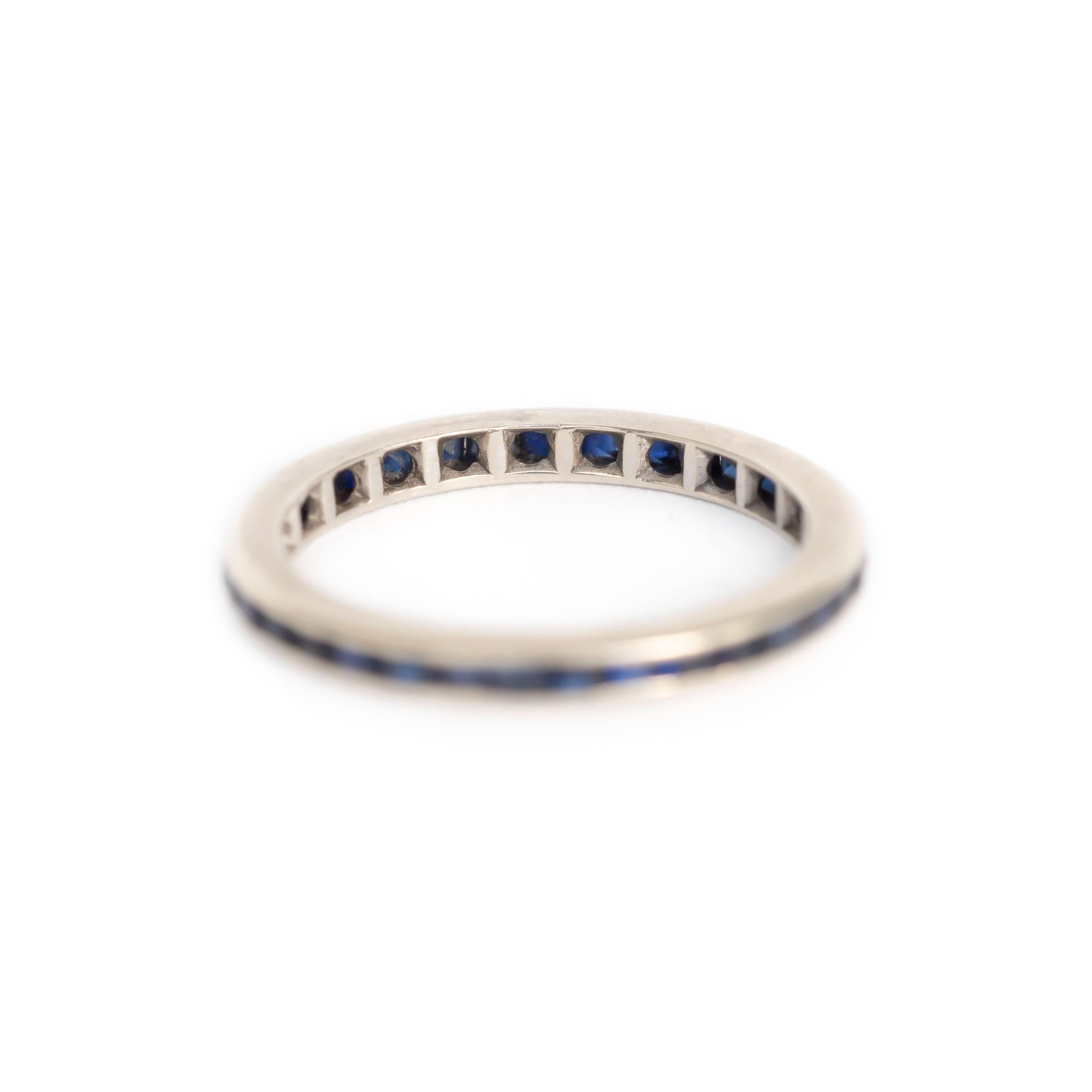 Item Details: 
Ring Size: Approximately 5.95
Metal Type: 14 Karat White Gold
Weight: 1.3 grams

Color Stone Details: 
Type: Natural Sapphire
Shape: Princess Cut
Carat Weight: 1.25 carat, total weight.
Color: Deep Blue

Finger to Top of Stone
