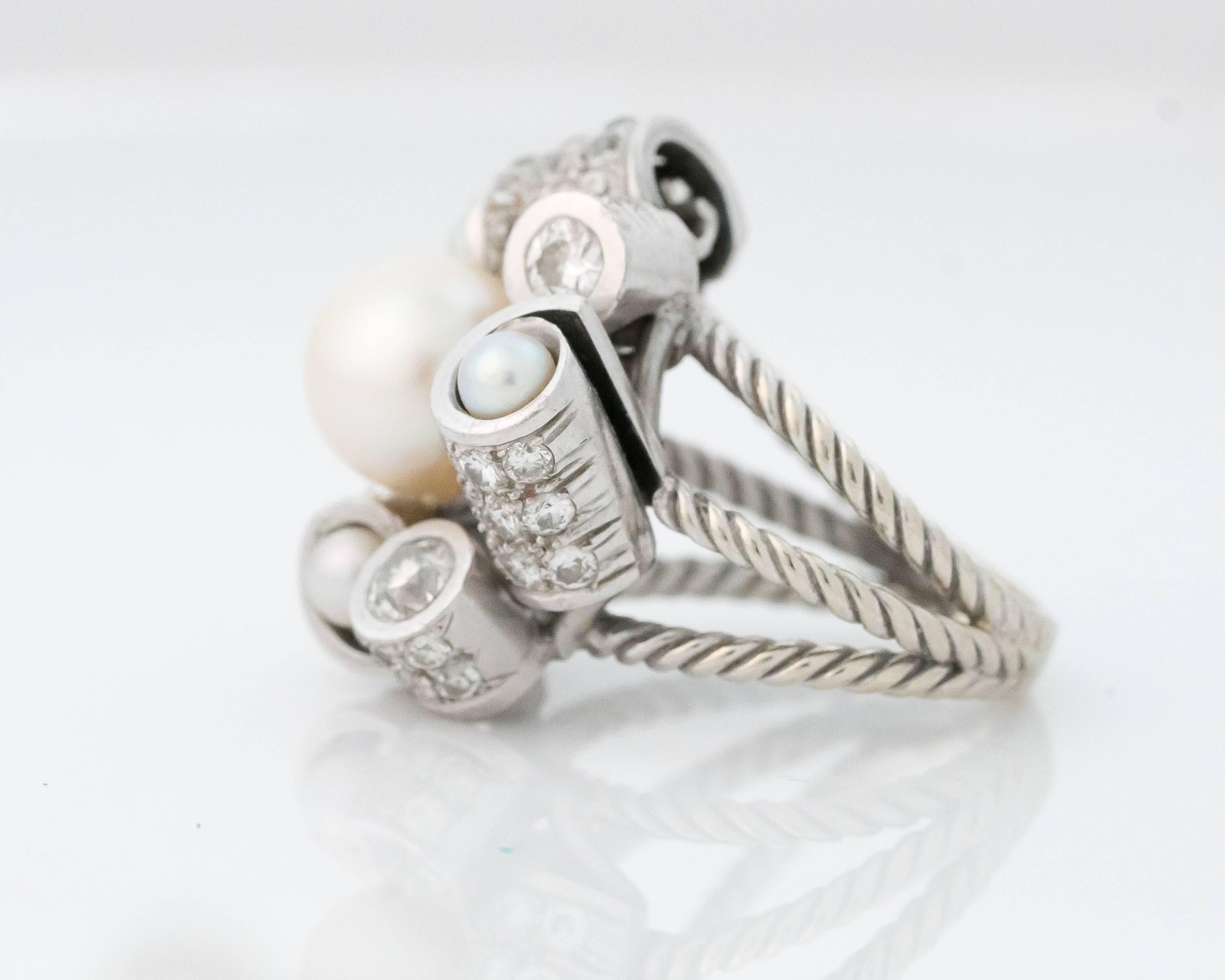 1950s Pearl and Diamond Platinum Cocktail Ring 1