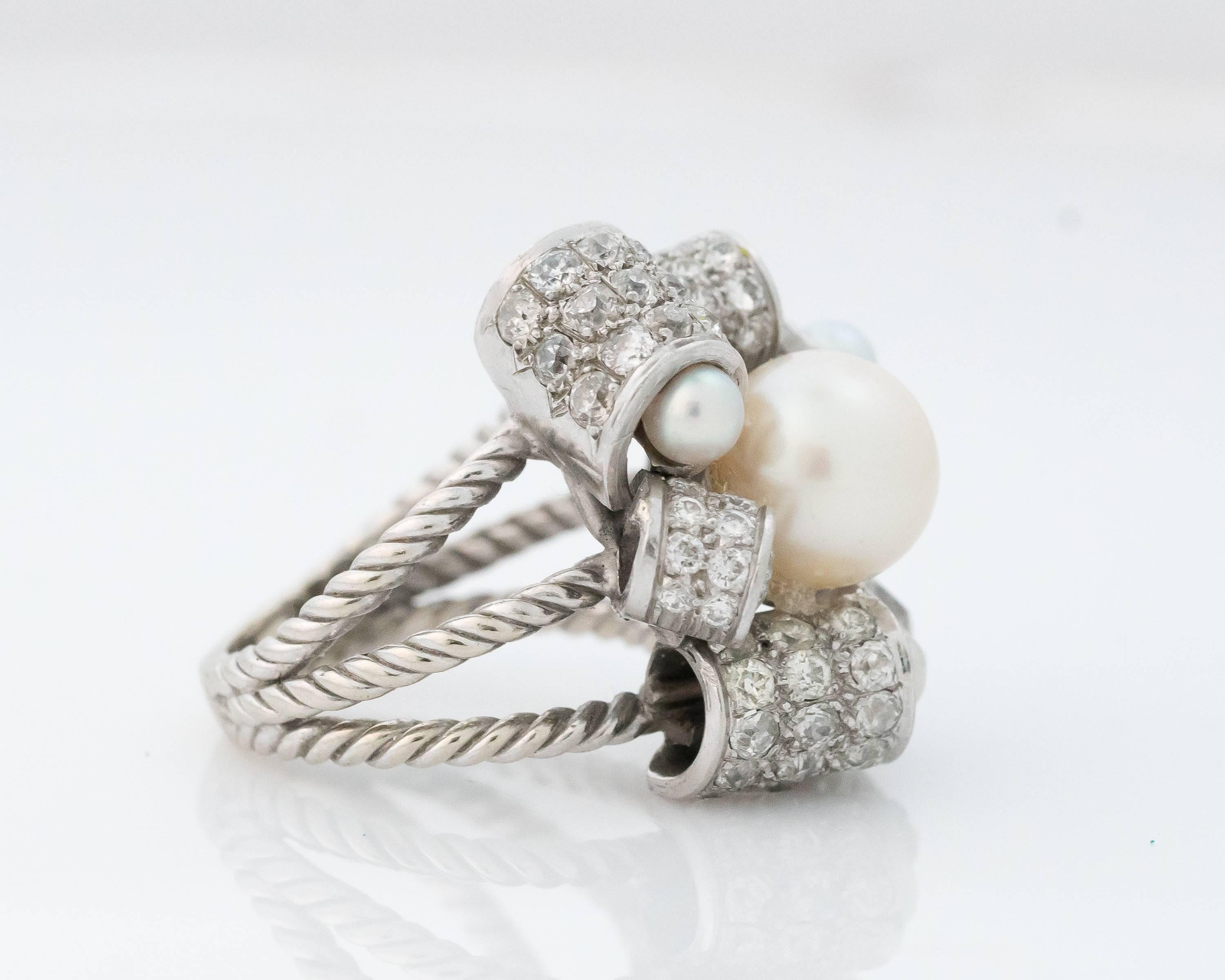 Retro 1950s Pearl and Diamond Platinum Cocktail Ring