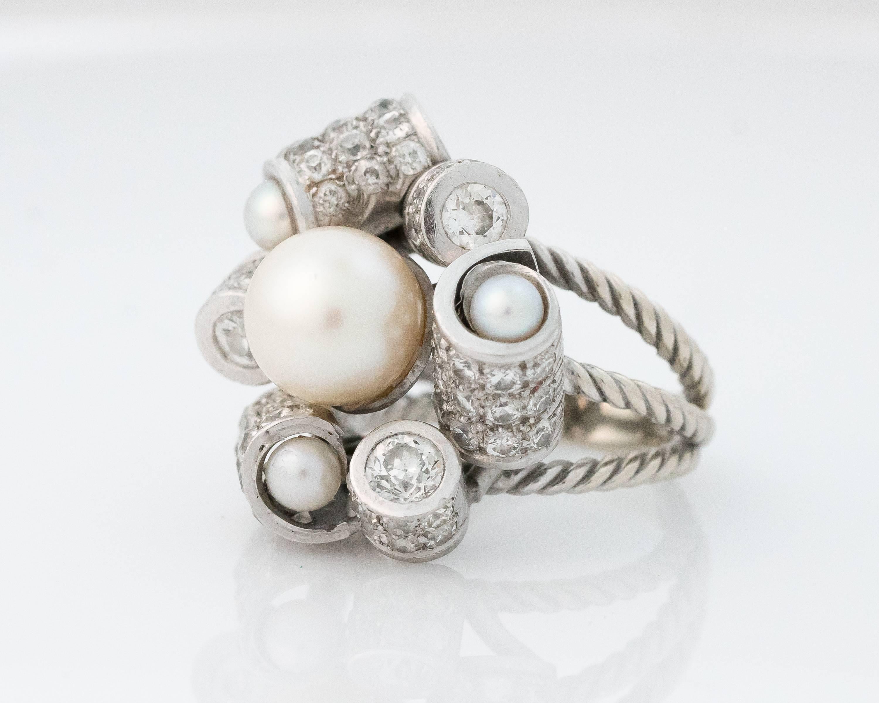 1950s Pearl and Diamond Platinum Cocktail Ring 2