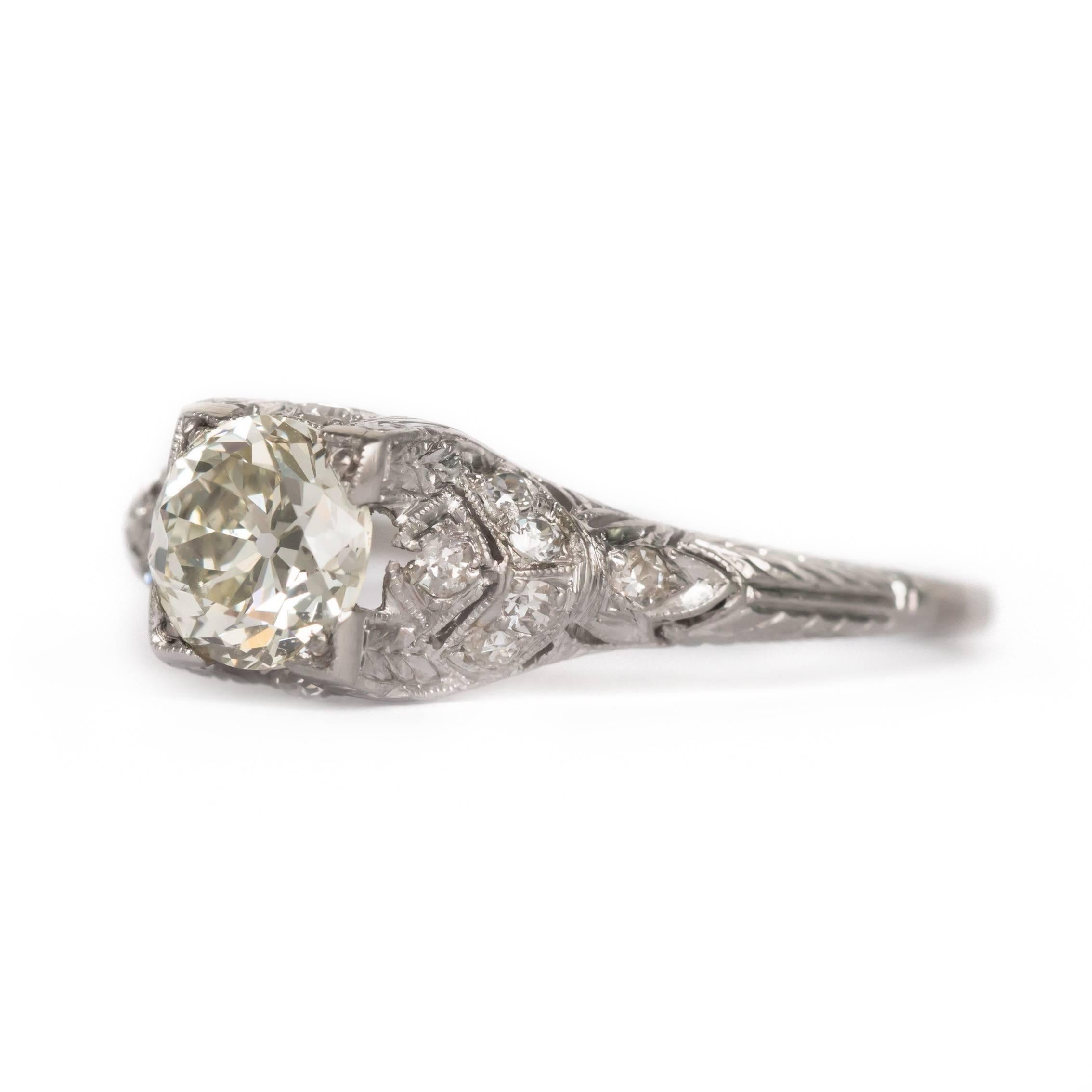 Item Details: 
Ring Size: Approximately 8.95
Metal Type: Platinum
Weight: 3.7 grams

Center Diamond Details:
Shape: Old European Cut
Carat Weight: 1.01carat
Color: O-P 
Clarity: VS1

Side Stone Details: 
Shape: Antique European Cut
Total Carat