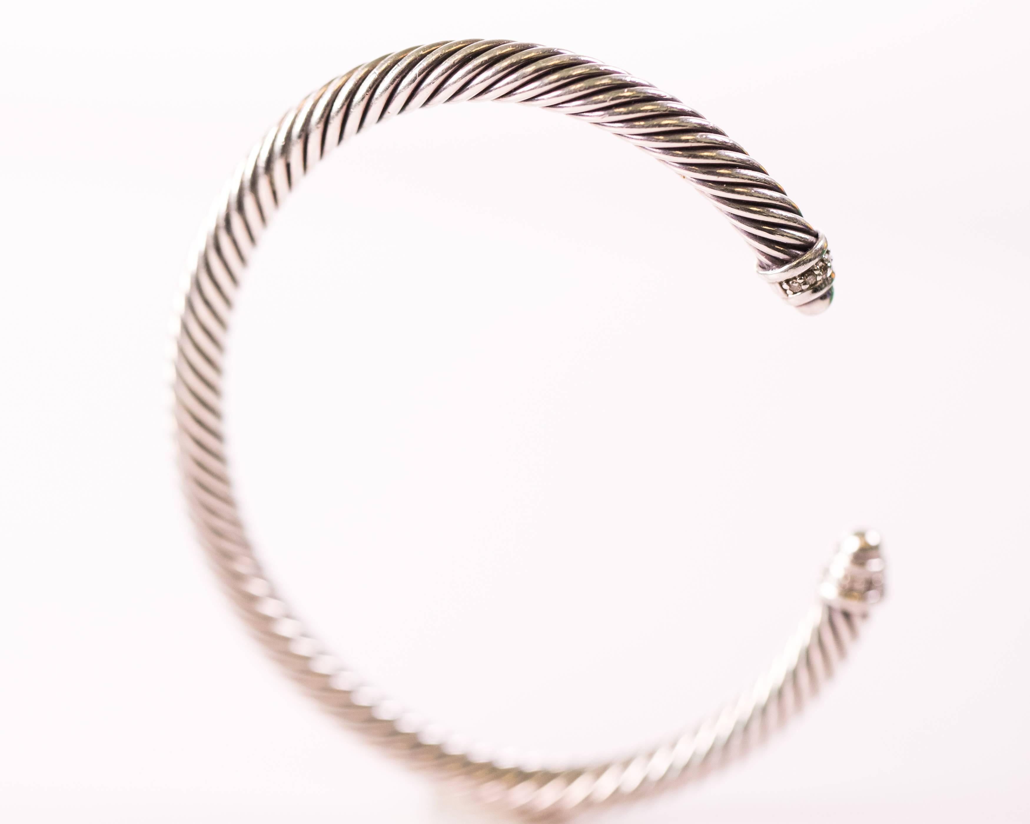 Round Cut David Yurman Cable Classic Sterling Silver Bracelet with Diamonds