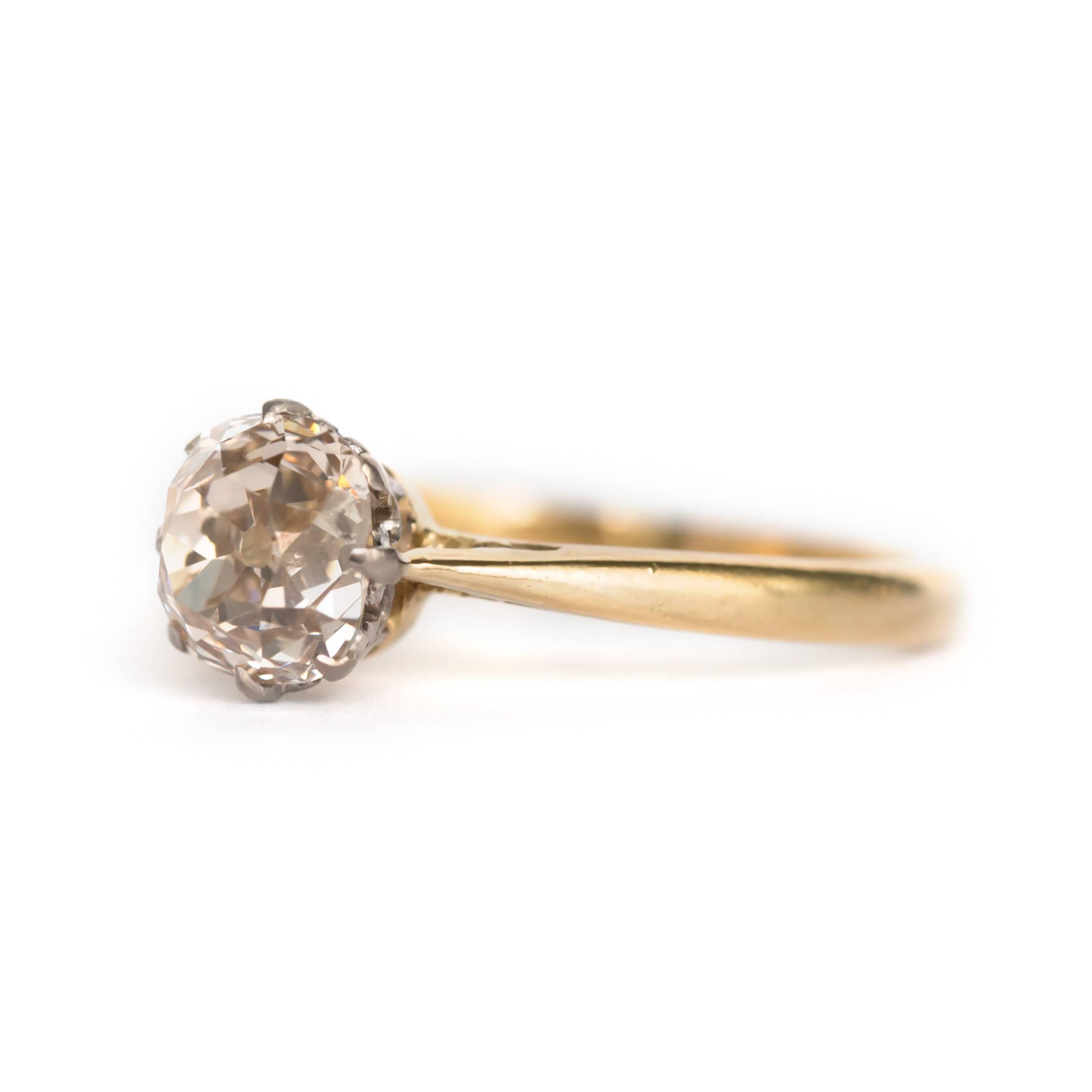 Item Details: 
Ring Size: Approximately 7.85
Metal Type: 14 Karat Yellow Gold
Weight: 3.5 grams

Center Diamond Details:
Shape: Old Mine Cushion Cut
Carat Weight: 1.51 carat
Color: Light Brown (Cinnamon color)
Clarity: SI2

Finger to Top of Stone