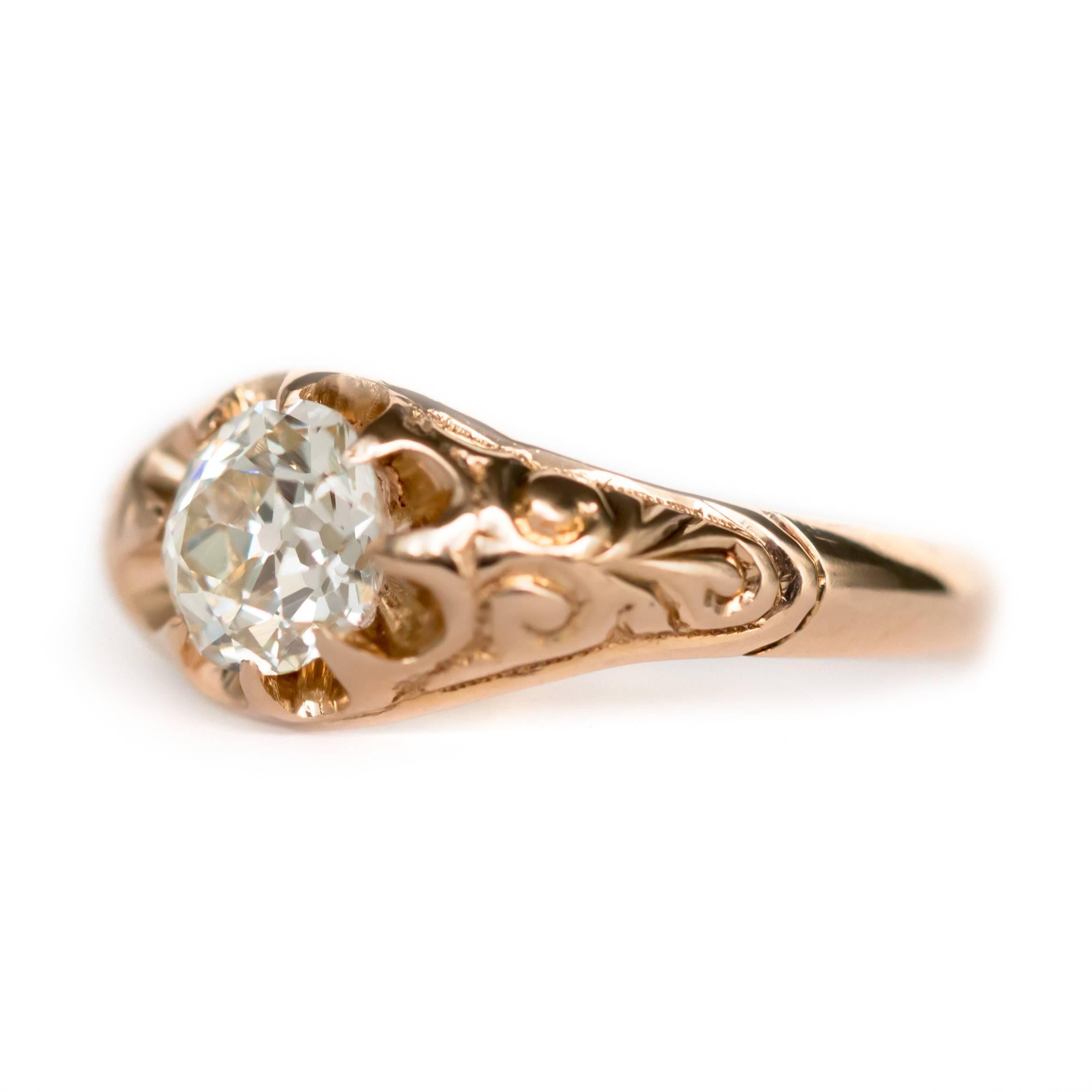 Item Details: 
Ring Size: Approximately 8.10
Metal Type: 14 Karat Yellow Gold
Weight: 3.2 grams

Center Diamond Details:
Shape: Antique Cushion
Carat Weight: .83 carat
Color: J
Clarity: VS1

Finger to Top of Stone Measurement: 3.24mm
