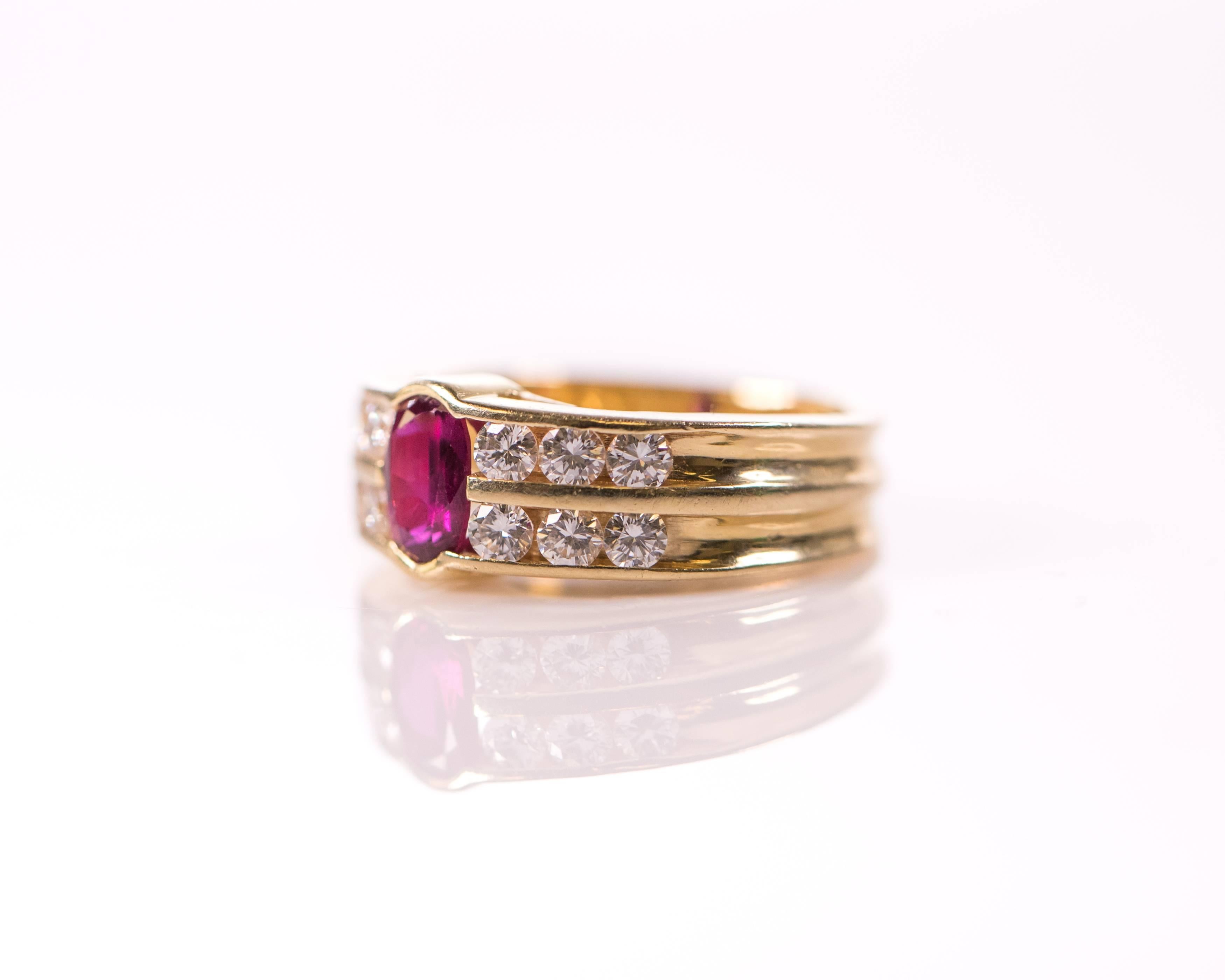 Retro 1950s GAL Certified 0.75 Carat Oval Ruby and Diamond 14K Gold Ring For Sale
