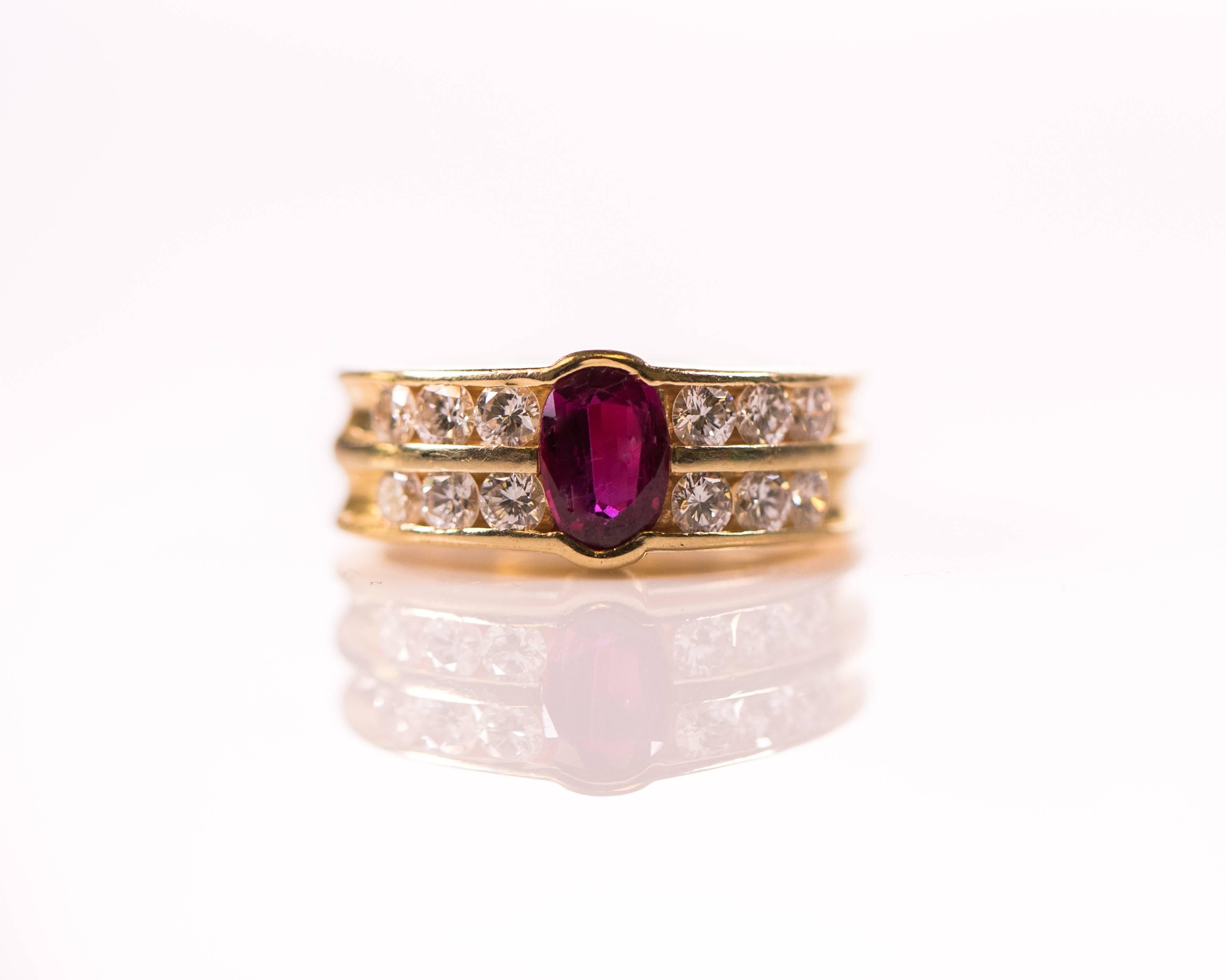 Women's 1950s GAL Certified 0.75 Carat Oval Ruby and Diamond 14K Gold Ring For Sale