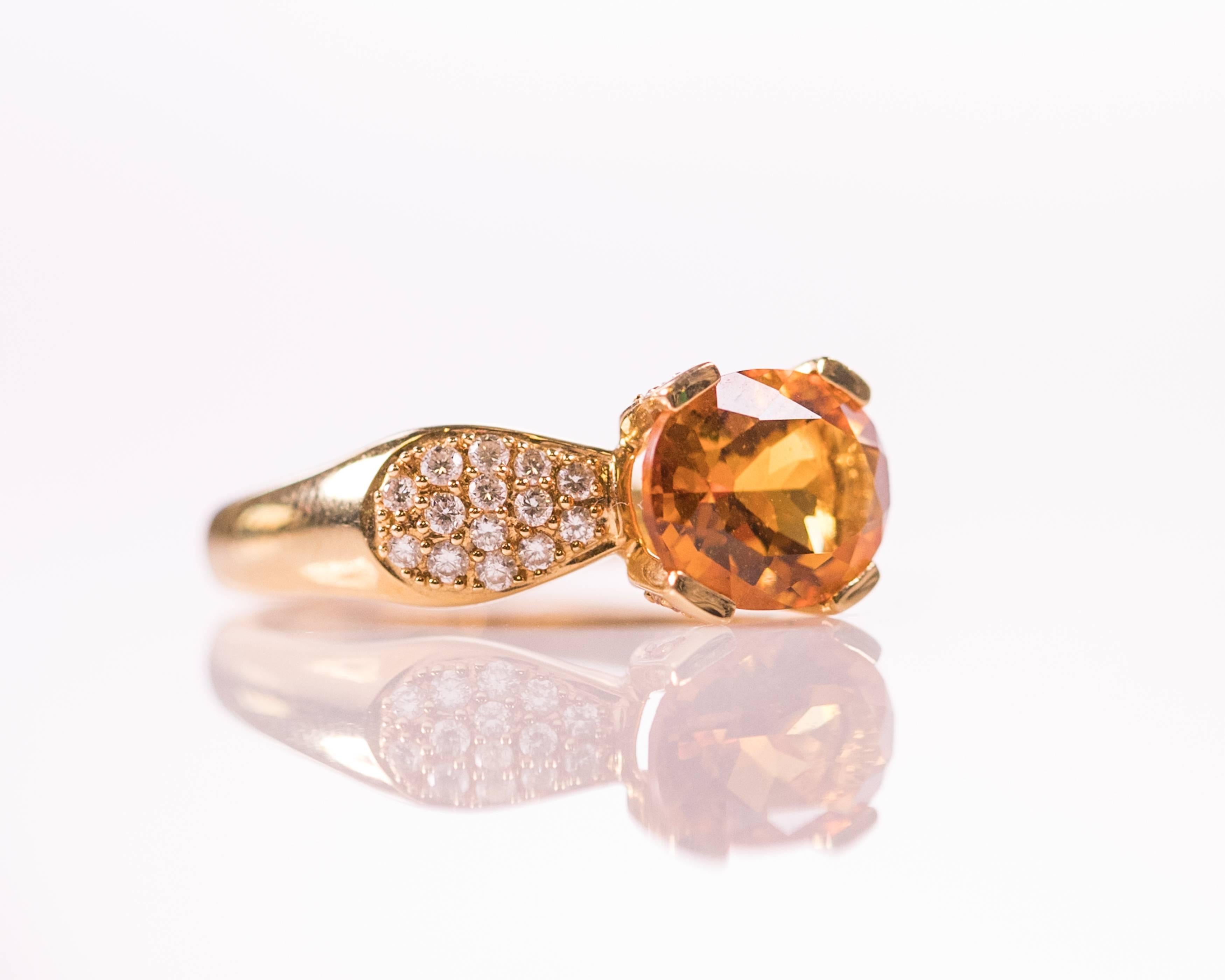 Stunning! The Modern 2016 Design of this 3 Carat Citrine Ring Embodies Old World Elegance and attention to detail. 
The richly hued, high quality, faceted Oval Citrine is accented by 0.5 carats of sparkling round brilliant diamonds. Diamonds adorn