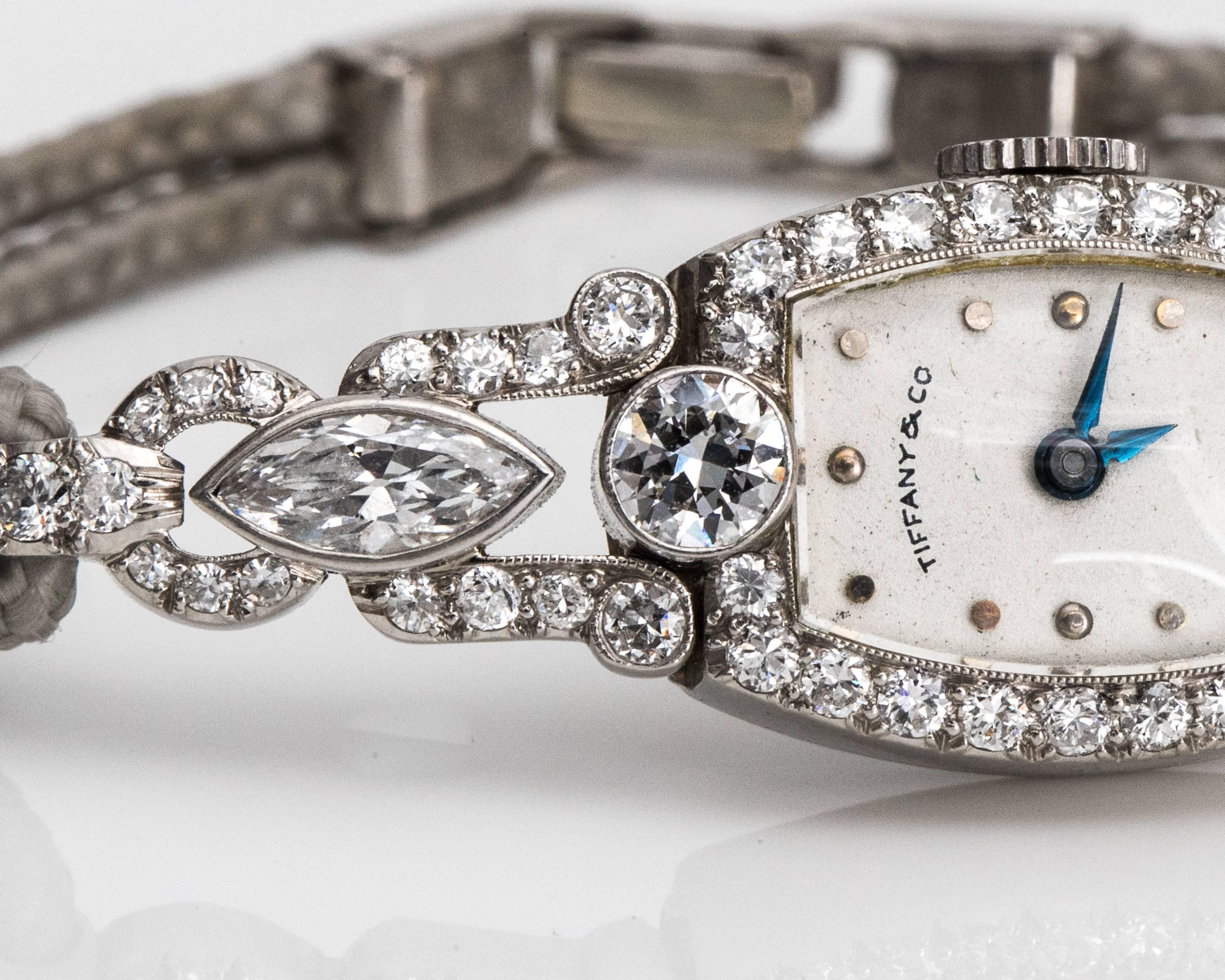 Old European Cut Tiffany & Co. Ladies Platinum Diamond Edwardian Manual Wristwatch