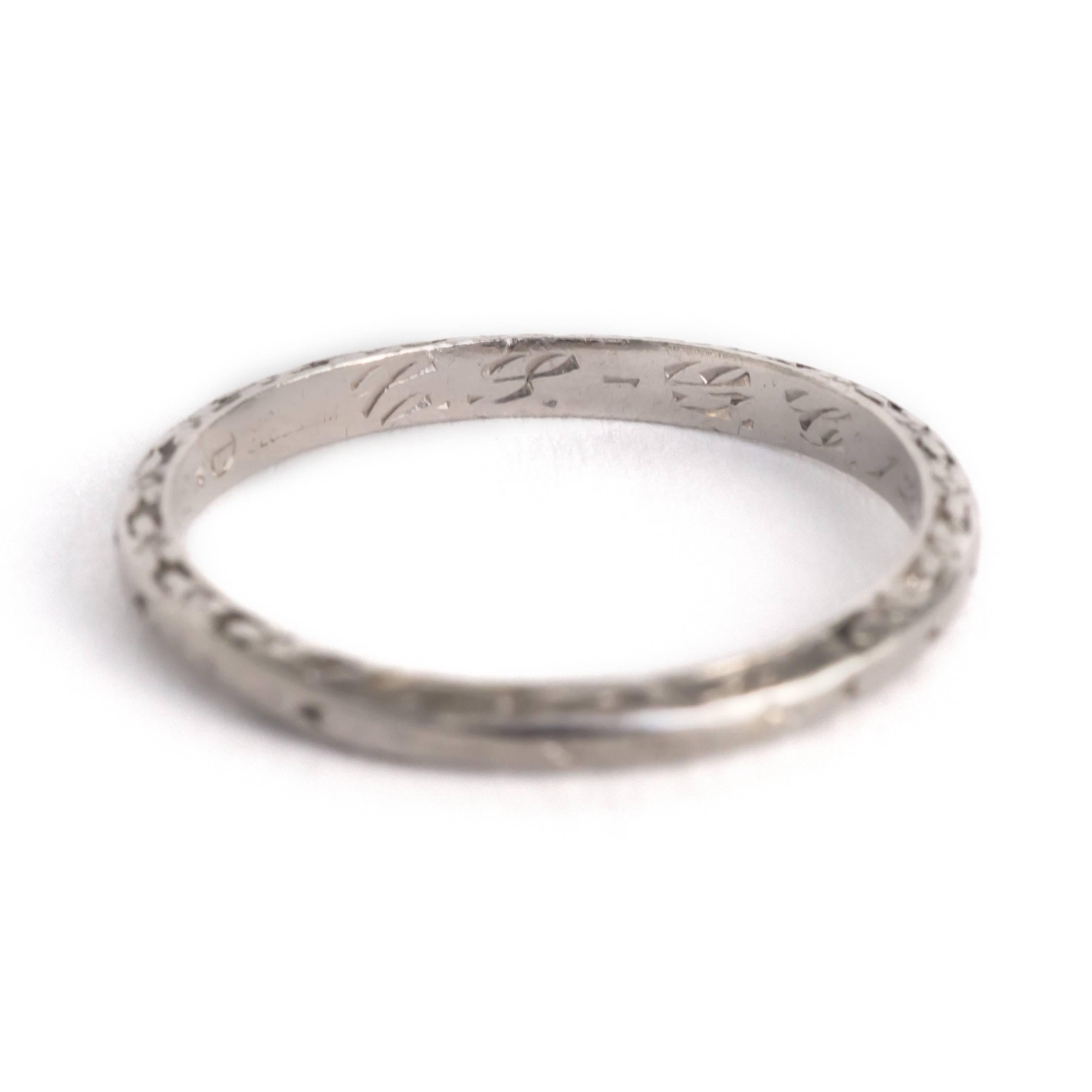 Item Details: 
Ring Size: Approximately 7.45
Metal Type: Platinum
Weight: 3.0 grams

Engraving: C.P. - G.C. 12-8-27

Finger to Top of Stone Measurement: 1.48mm