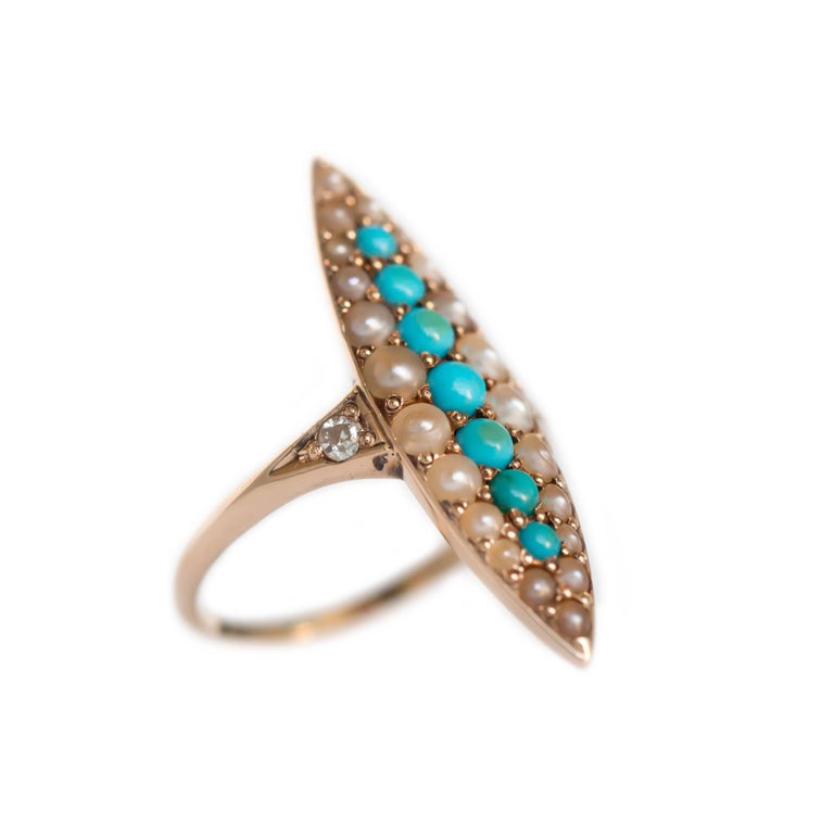 Antique Turquoise  Pearl Diamond Gold Engagement  Ring  For 