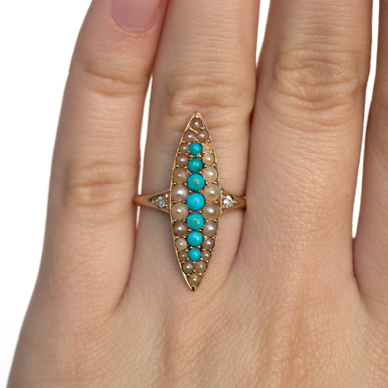 Antique Turquoise Pearl Diamond Gold Engagement Ring For Sale at
